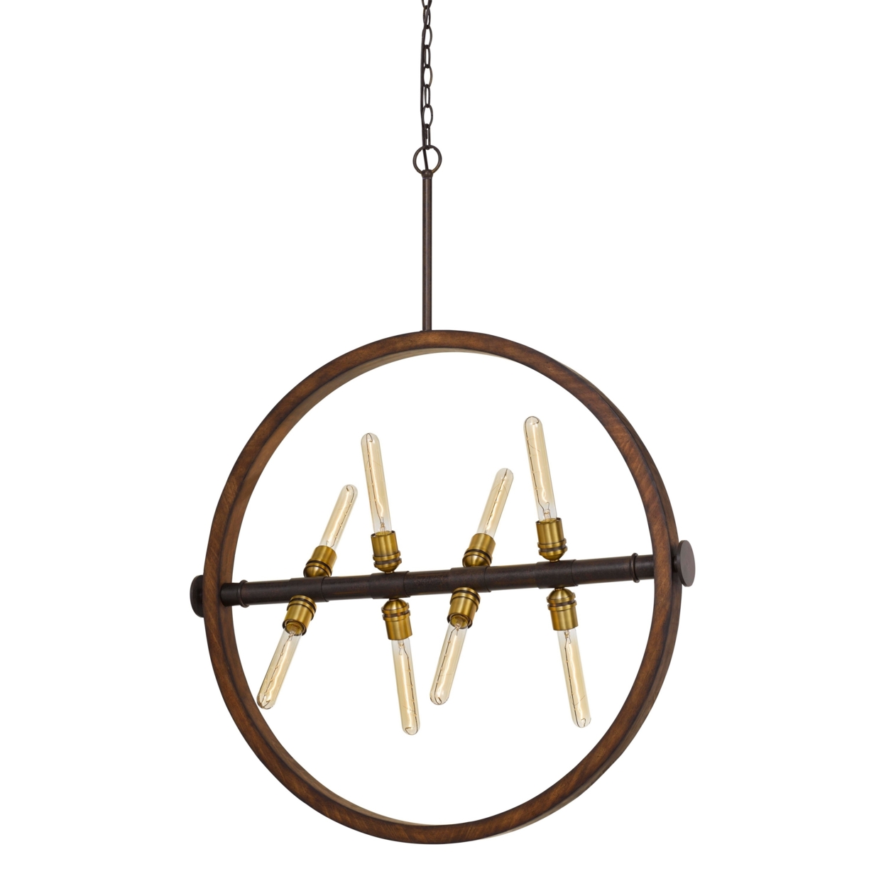 Round Wood Frame Chandelier With Metal Rod And Glass Shade,Bronze And Brown- Saltoro Sherpi