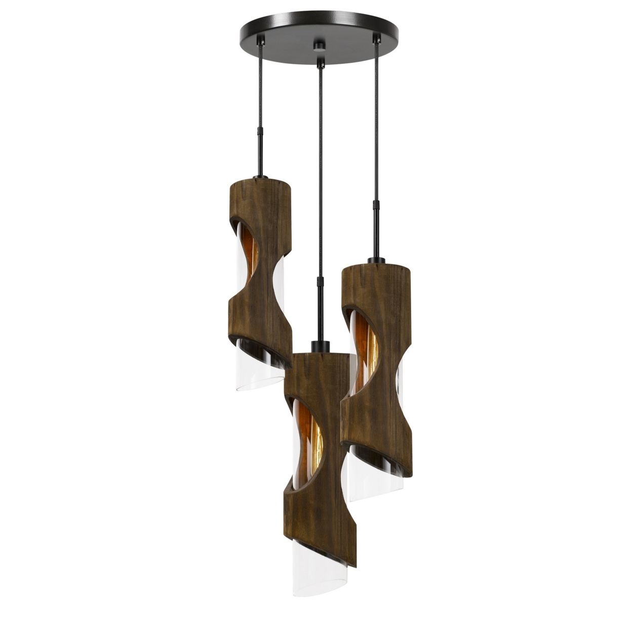 60 X 3 Watt Wood And Metal Chandelier With Glass Shade, Brown And Black- Saltoro Sherpi