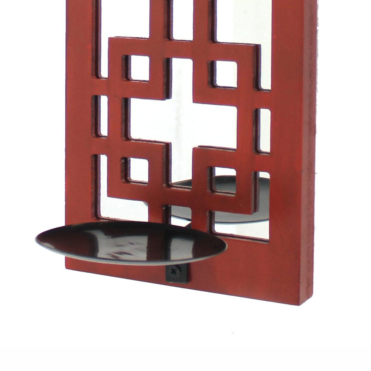 Lattice Design Wooden Frame Candle Holder With Mirror Insert, Red- Saltoro Sherpi