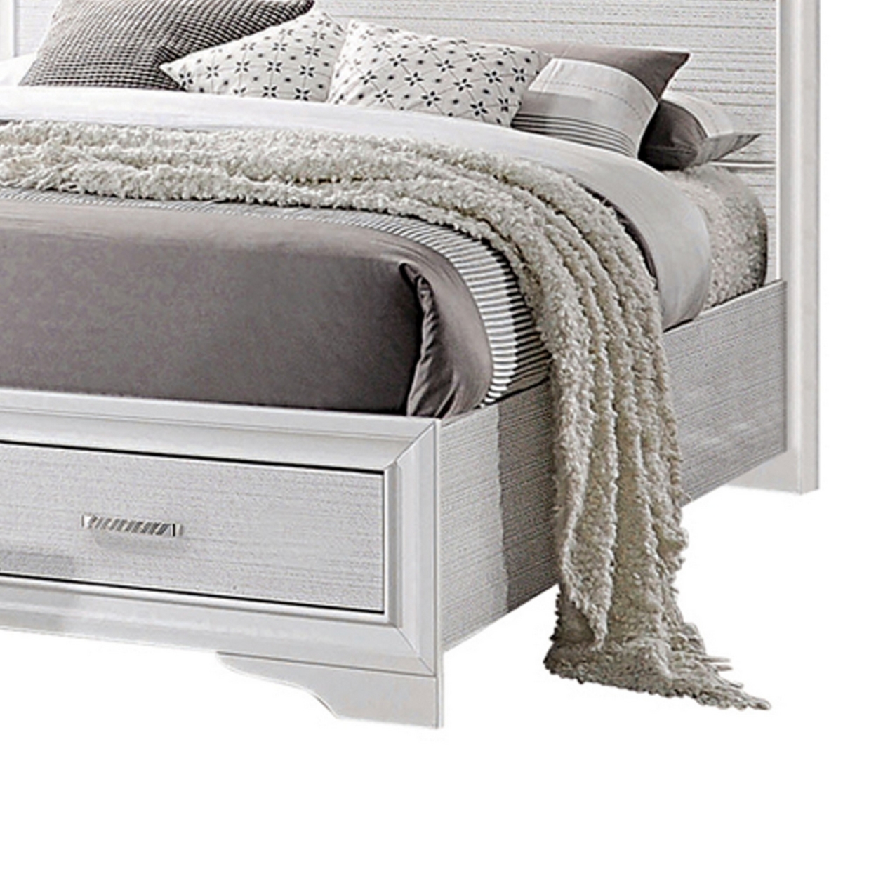 Contemporary Eastern King Bed With Drawers And Glittering Stripes, White- Saltoro Sherpi