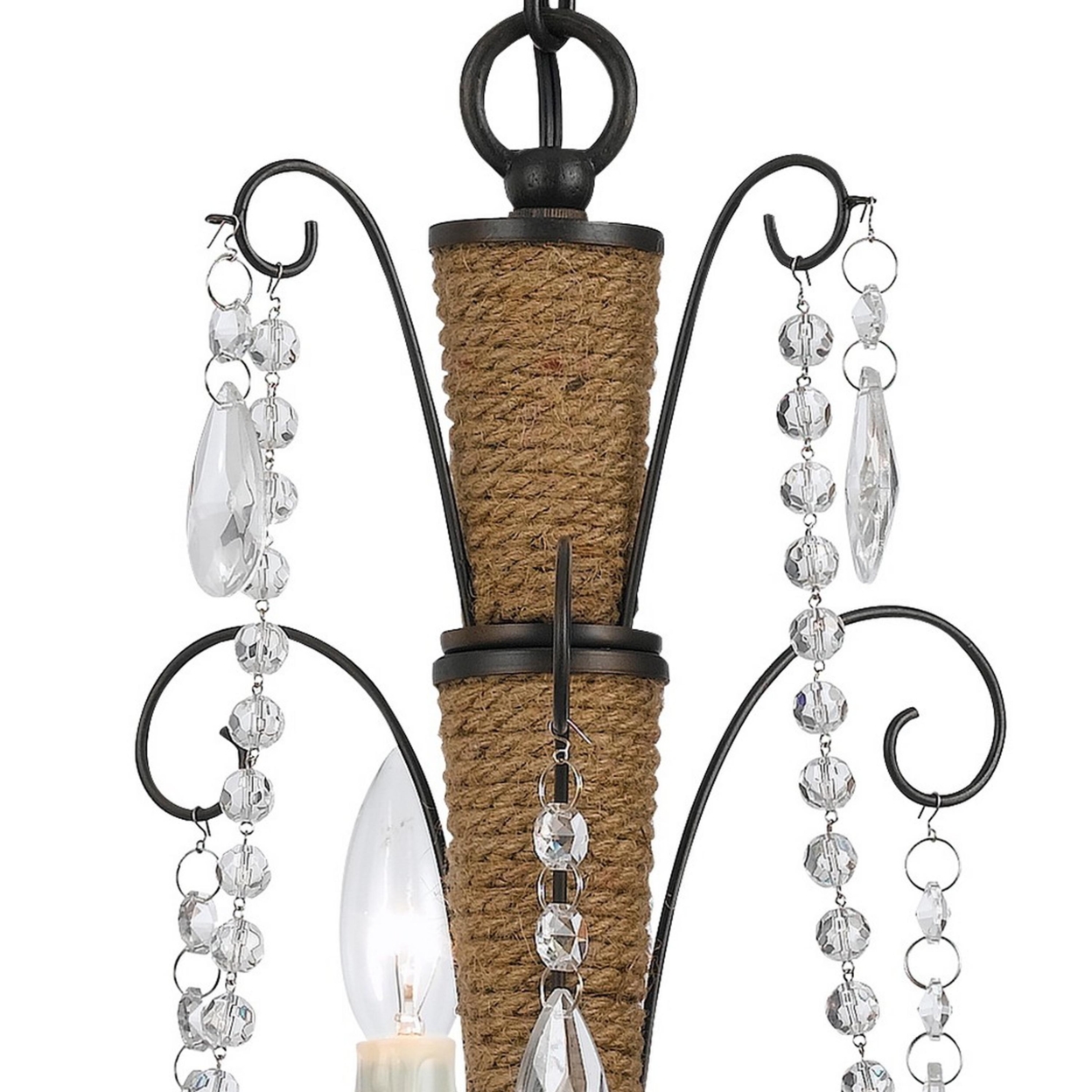Scroll Metal Frame Chandelier With Hanging Crystals And Wrapped Rope,Bronze- Saltoro Sherpi