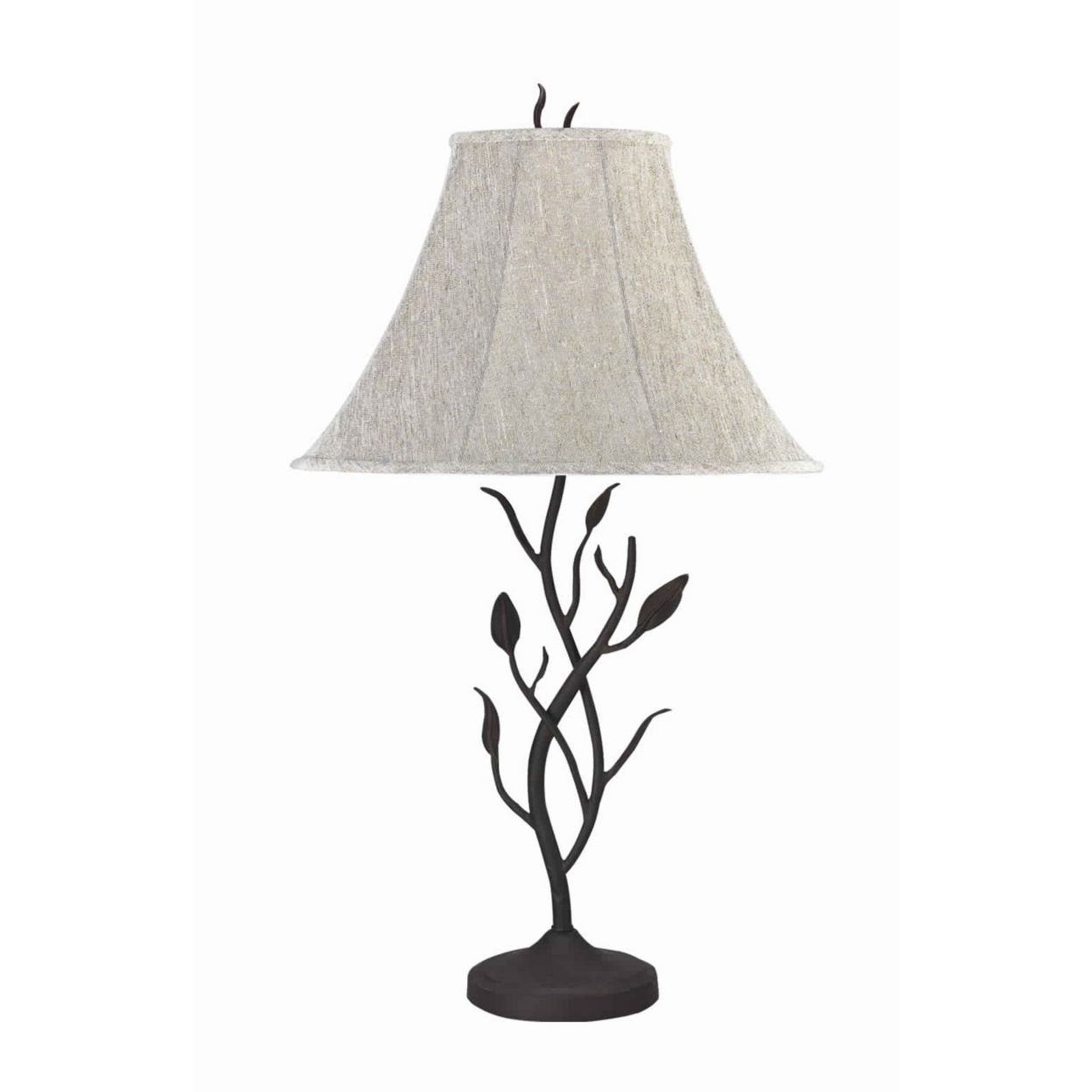 Metal Table Lamp With Leaf Accent Body And Fabric Bell Shade,Black And Gray- Saltoro Sherpi