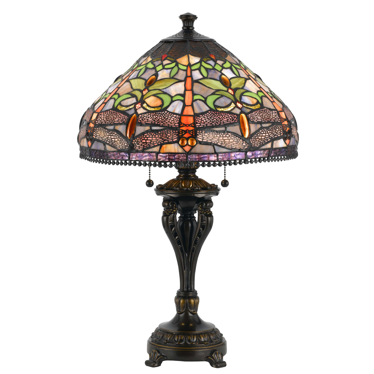 Tiffany Table Lamp With Metal Body And Dragonfly Design Shade, Multicolor- Saltoro Sherpi