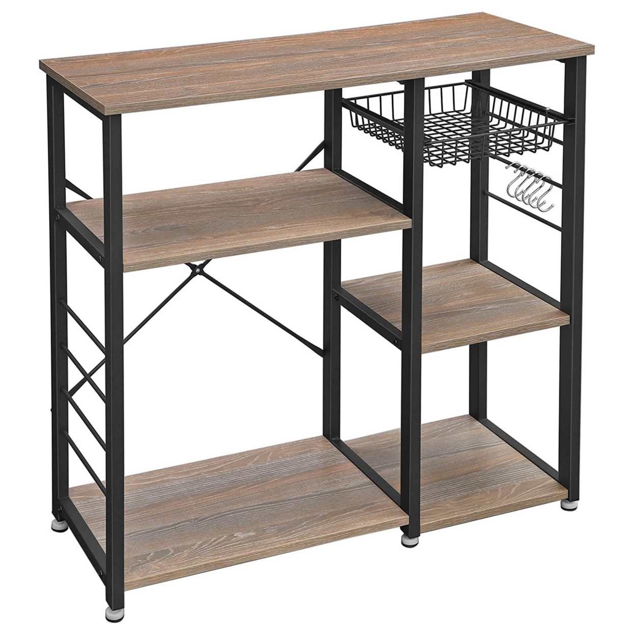 Wooden Bakers Rack with 4 Shelves and Wire Basket, Brown and Black- Saltoro Sherpi