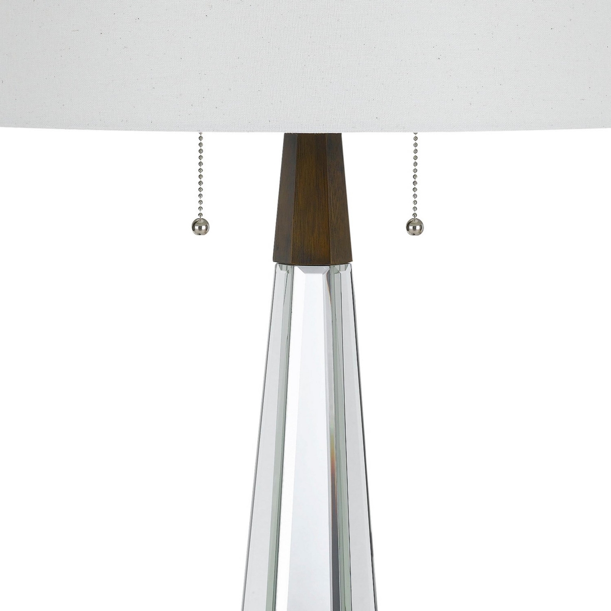 Fabric Shade Table Lamp With Faceted Mirror And Wooden Base, White- Saltoro Sherpi