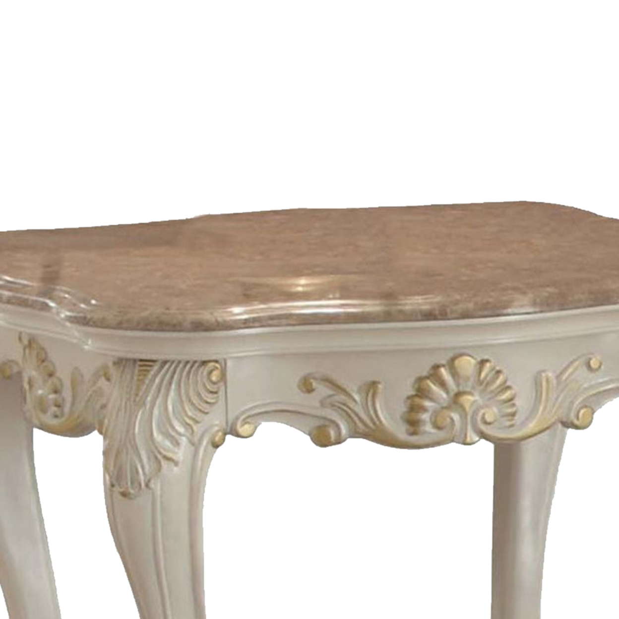 Wooden End Table With Marble Top, Pearl White- Saltoro Sherpi