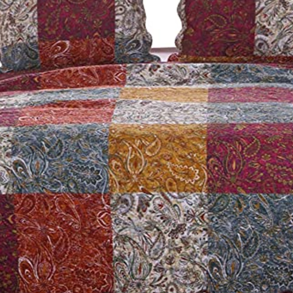 3 Piece Cotton King Size Quilt Set With Paisley Print, Multicolor- Saltoro Sherpi