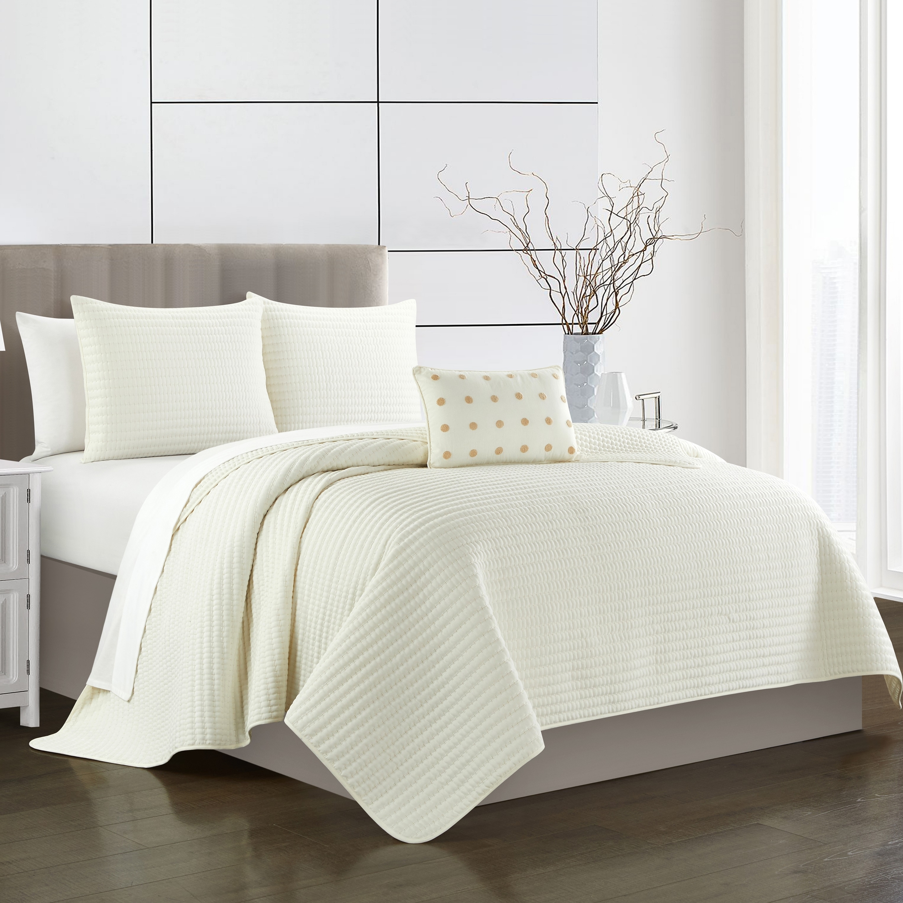 Hayden 4 Piece Quilt Set Striped Box Stitched Design Bedding - Decorative Pillow Shams Included - Sand, Queen