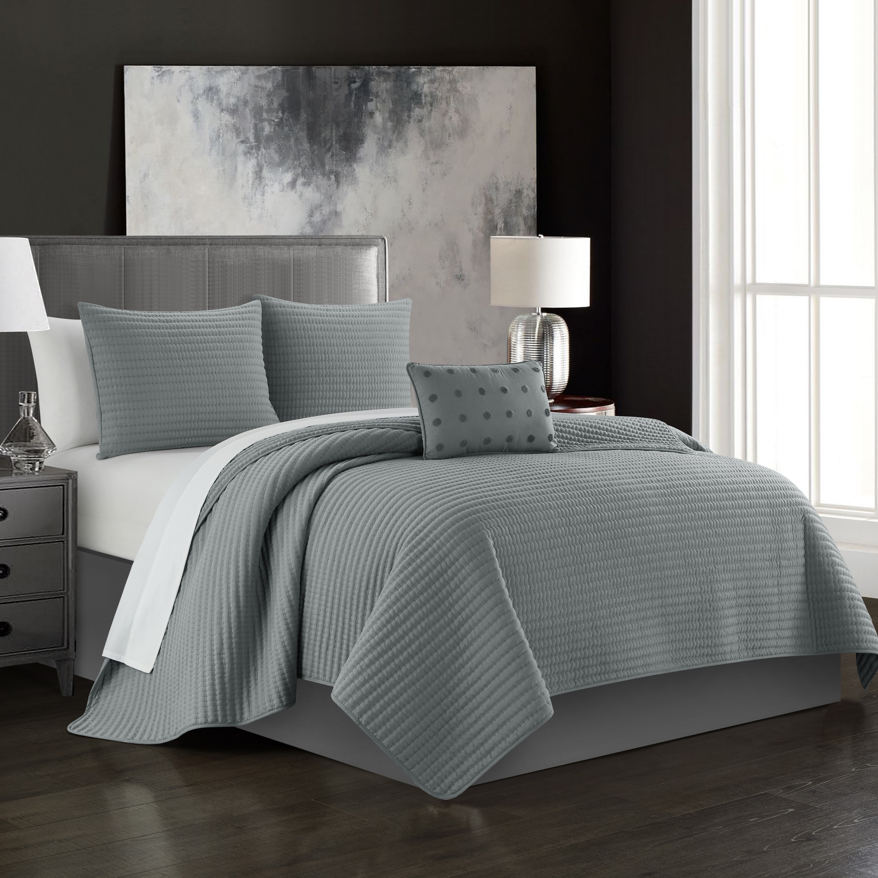Hayden 4 Piece Quilt Set Striped Box Stitched Design Bedding - Decorative Pillow Shams Included - Grey, Queen