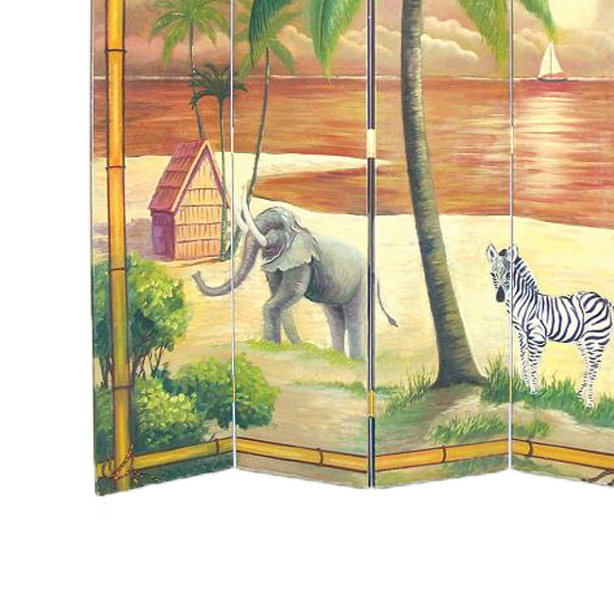 Wooden 4 Panel Room Divider With Ocean And Beach Scene, Multicolor- Saltoro Sherpi