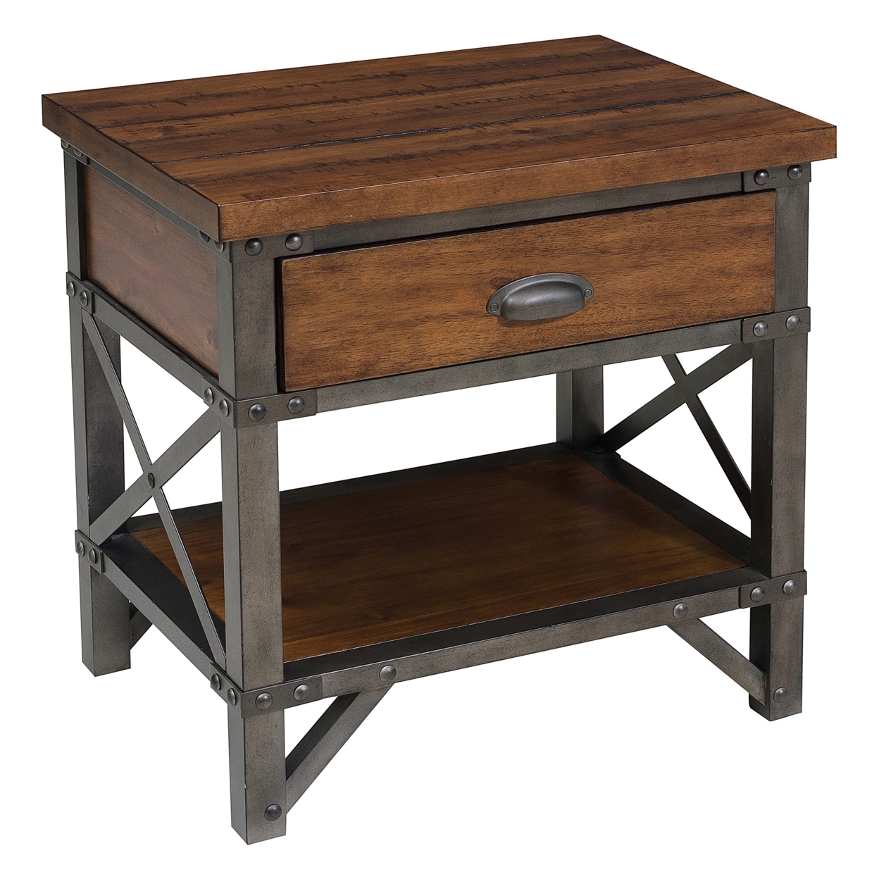 Wooden Nightstand With Metal Block Legs And Open Shelf, Brown- Saltoro Sherpi