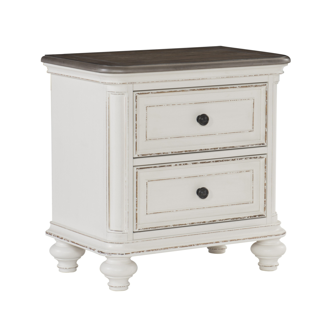 2 Drawer Wooden Nightstand With Distressed Details, Antique White And Brown- Saltoro Sherpi