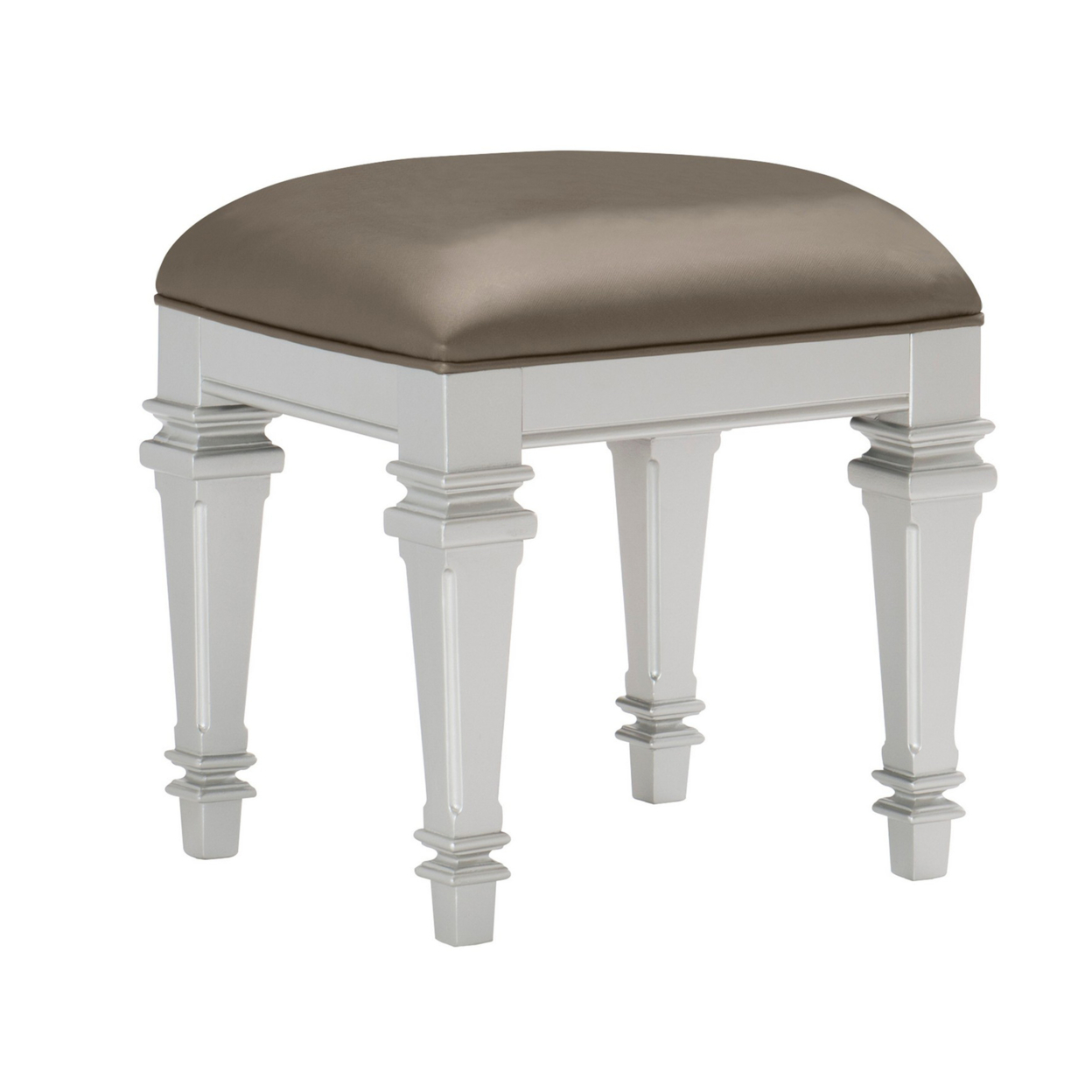 Leatherette Padded Vanity Stool With Tapered Legs And Molded Detail, Silver- Saltoro Sherpi