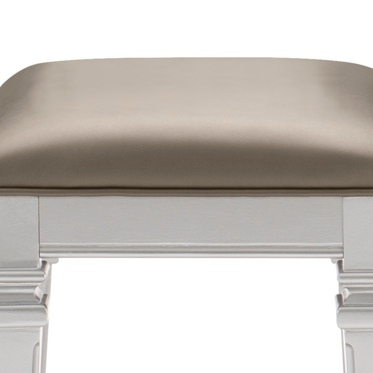 Leatherette Padded Vanity Stool With Tapered Legs And Molded Detail, Silver- Saltoro Sherpi