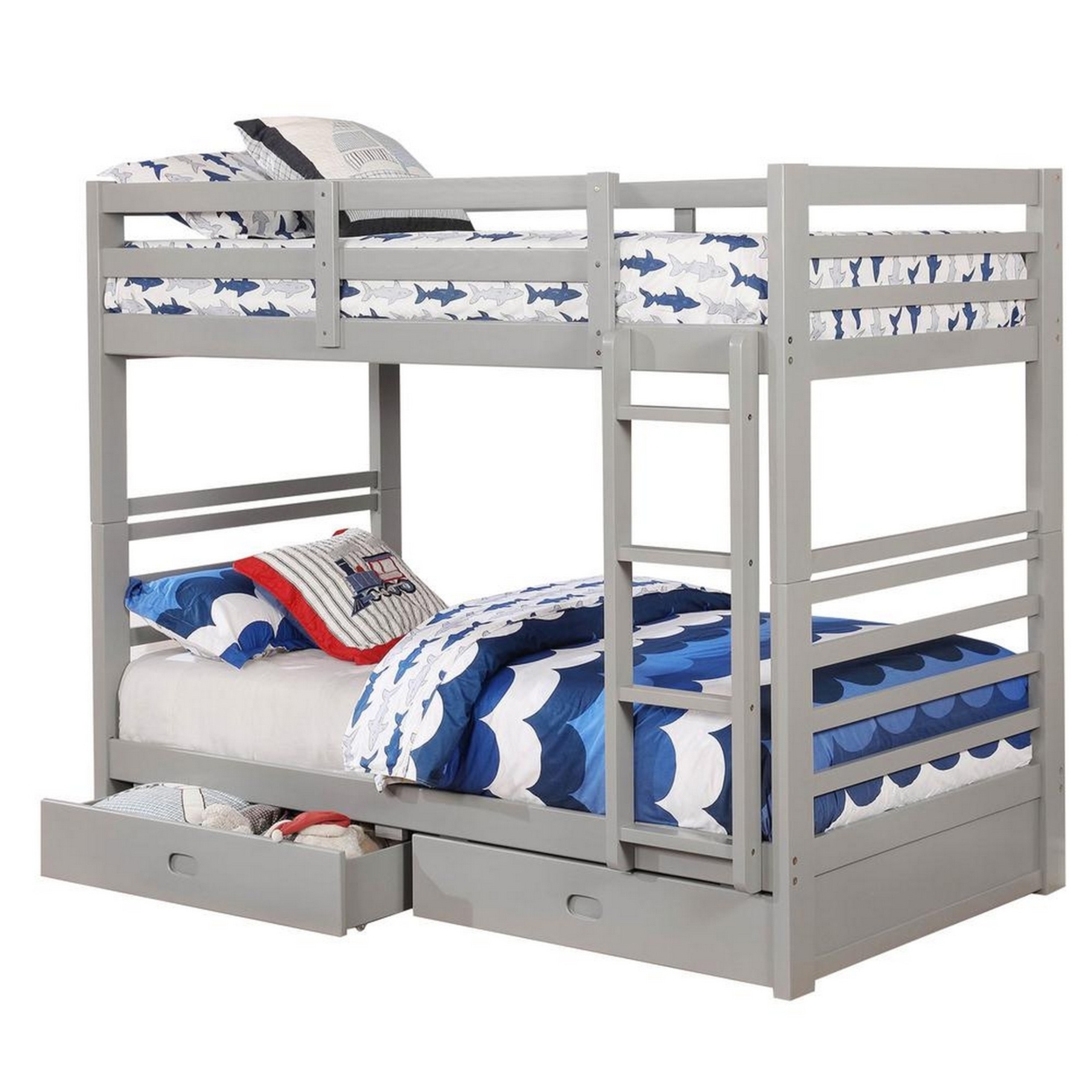 Transitional Twin Over Twin Bed With Attached Ladder And Drawers, Gray- Saltoro Sherpi