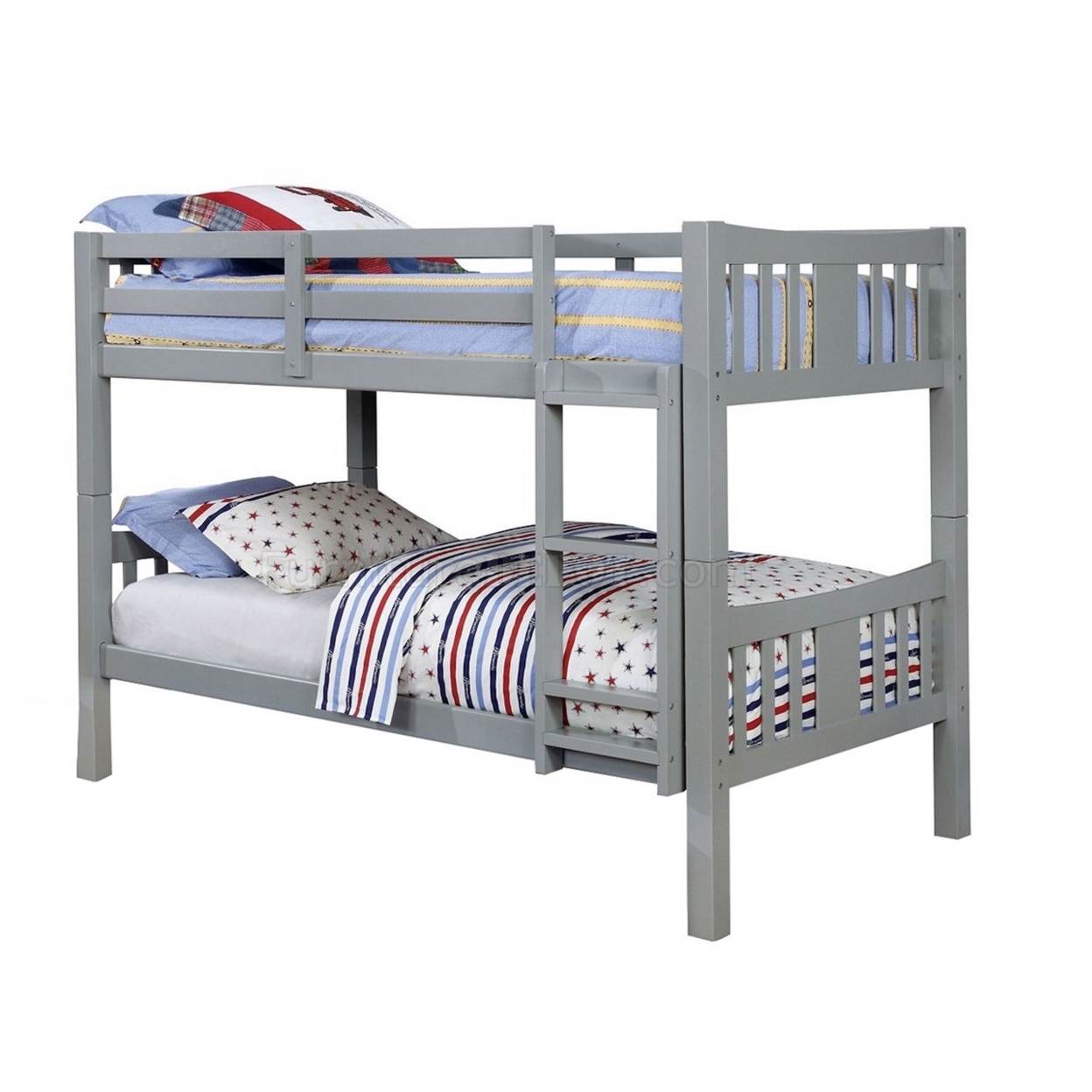 Slatted Twin Over Twin Bunk Bed With Attached Ladder, Gray- Saltoro Sherpi