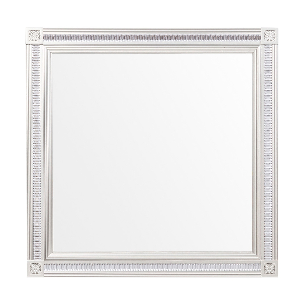 Wooden Square Mirror With Carvings And Bevelled Edges, Silver- Saltoro Sherpi