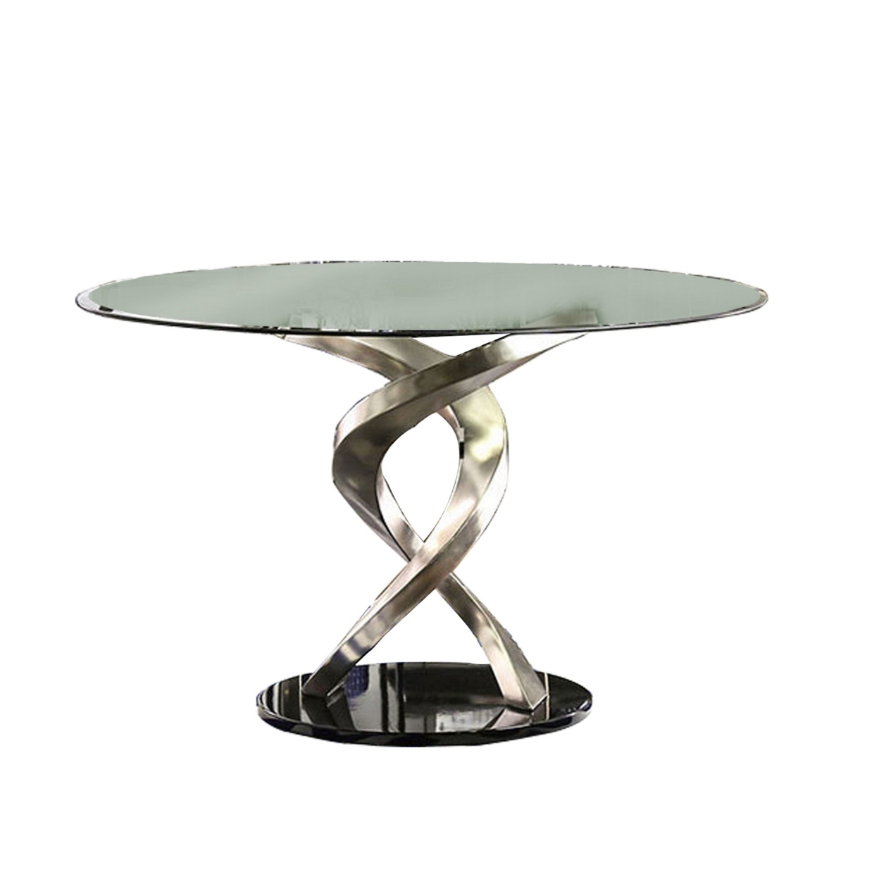 Contemporary Round Dining Table With Swirl Metal Base, Black And Silver- Saltoro Sherpi