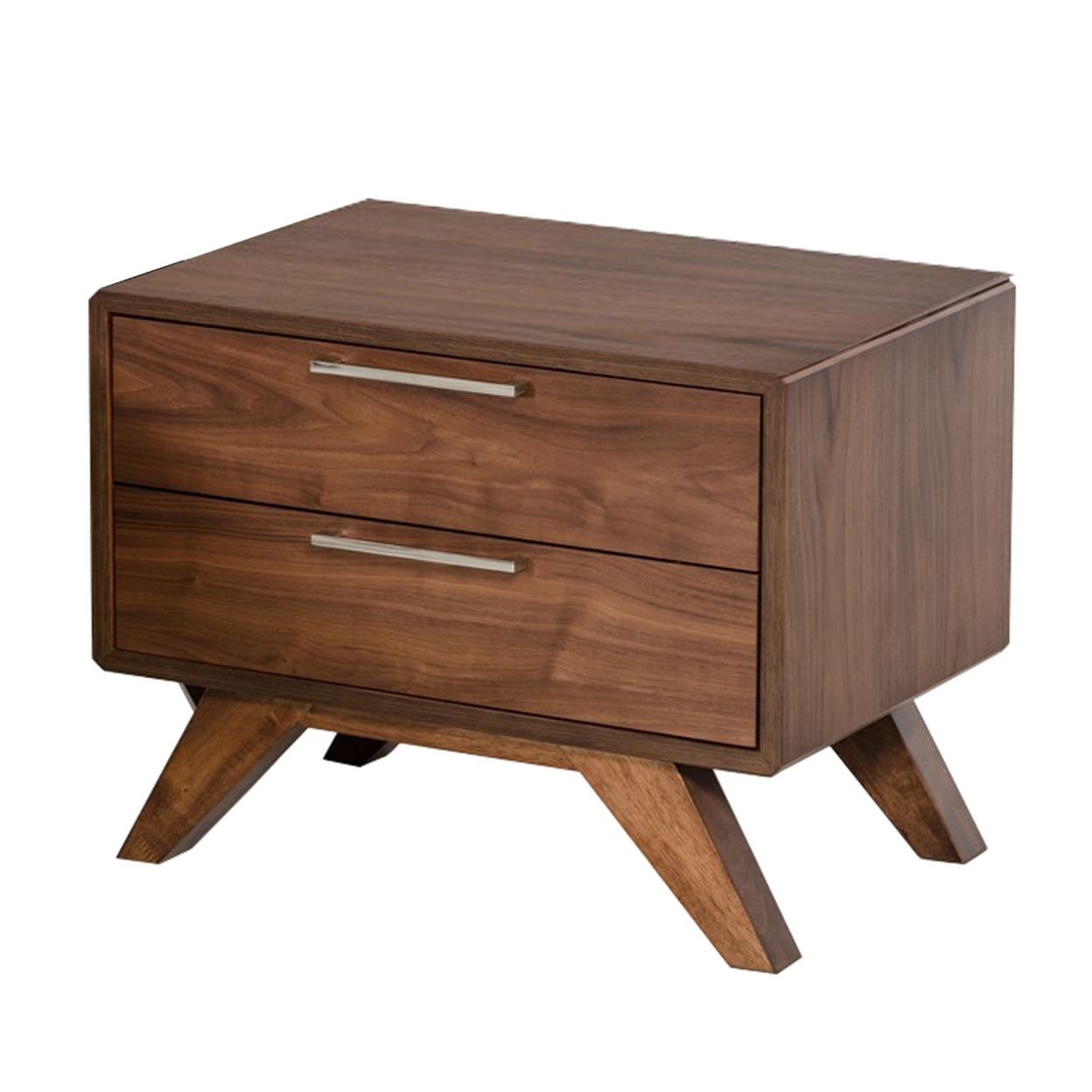 2 Drawer Wooden Nightstand With Metal Bar Handles And Angled Legs, Brown- Saltoro Sherpi