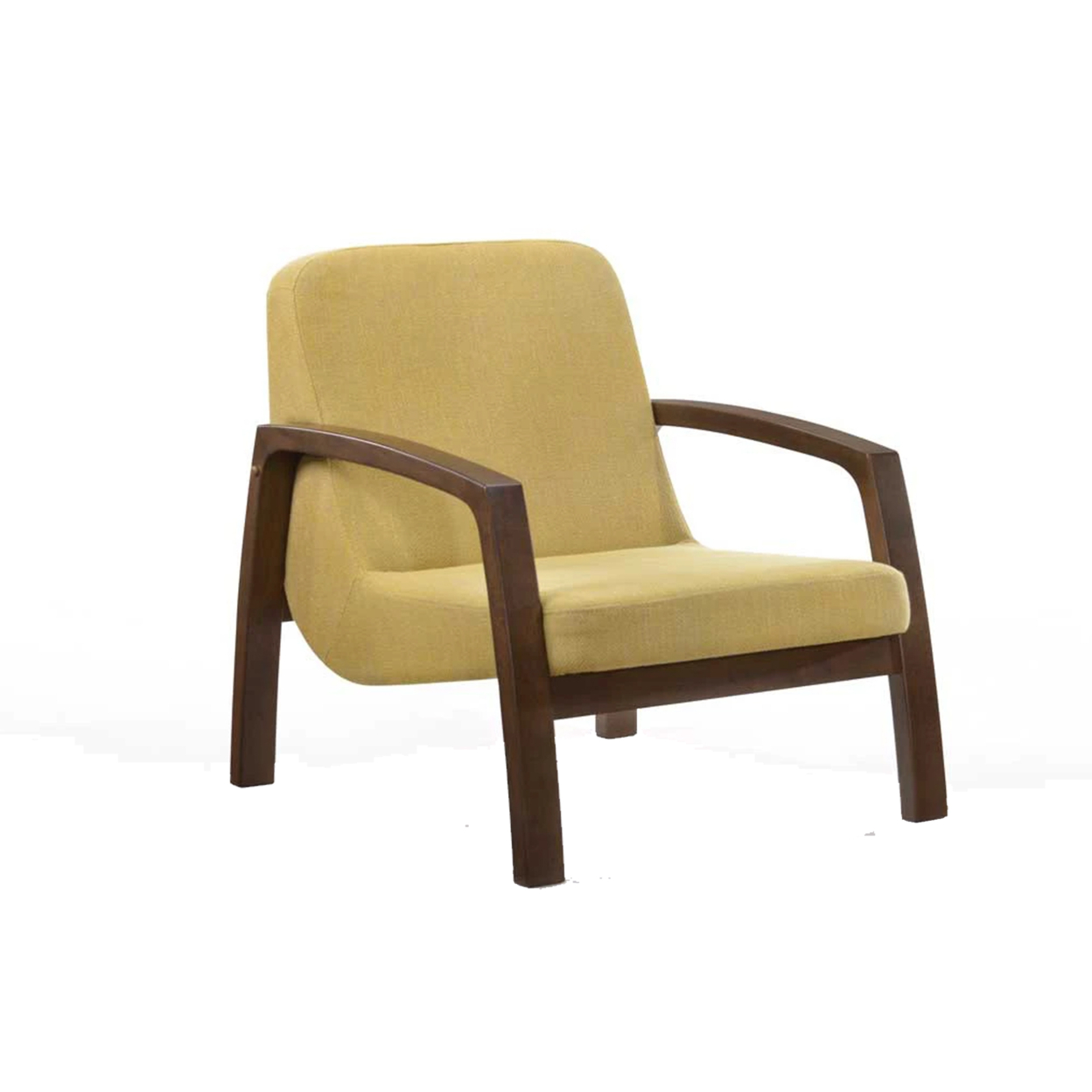 Wooden Lounge Chair With Block Legs And Padded Seat, Yellow- Saltoro Sherpi