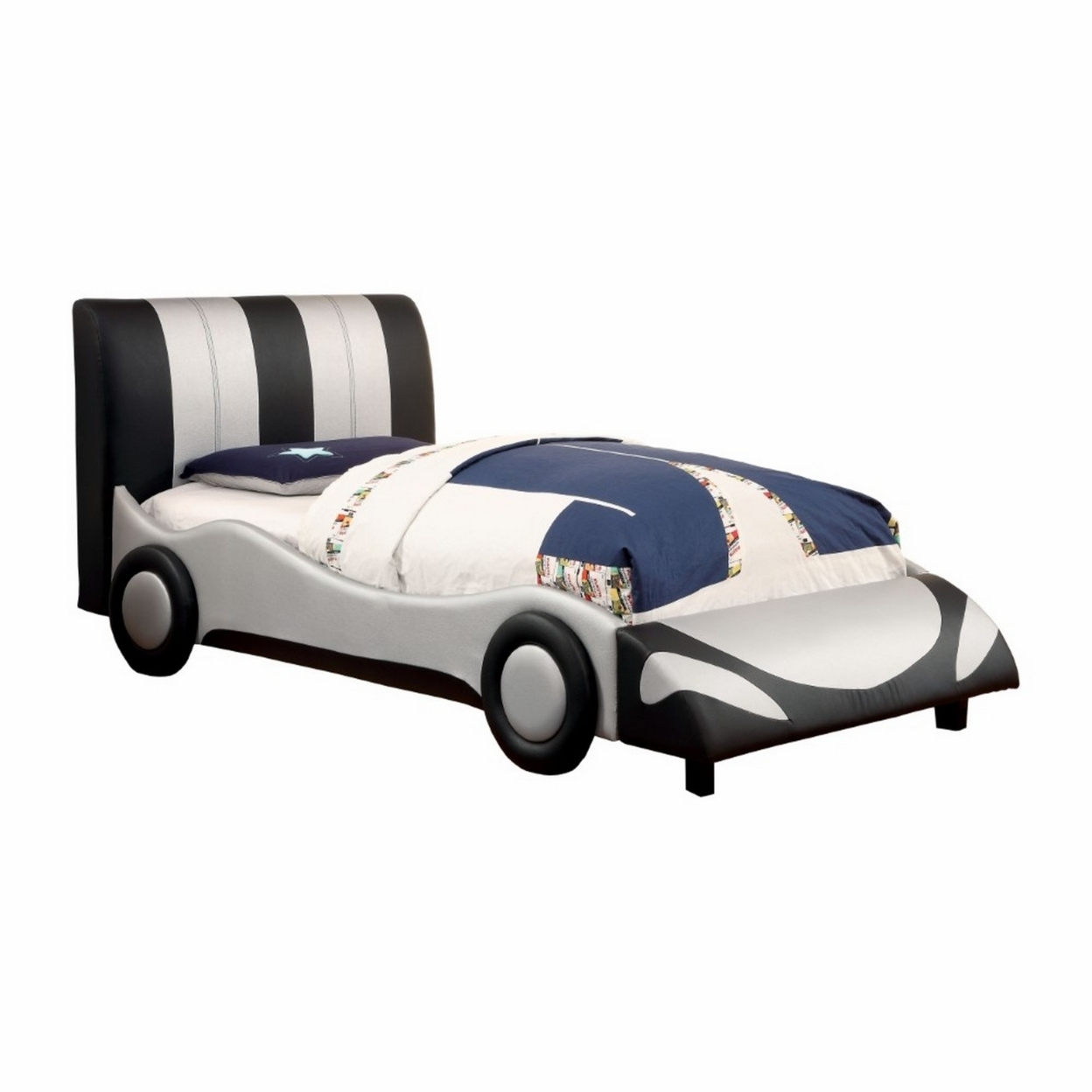 Race Car Design Modern Style Wooden Twin Size Bed, Black And Silver- Saltoro Sherpi