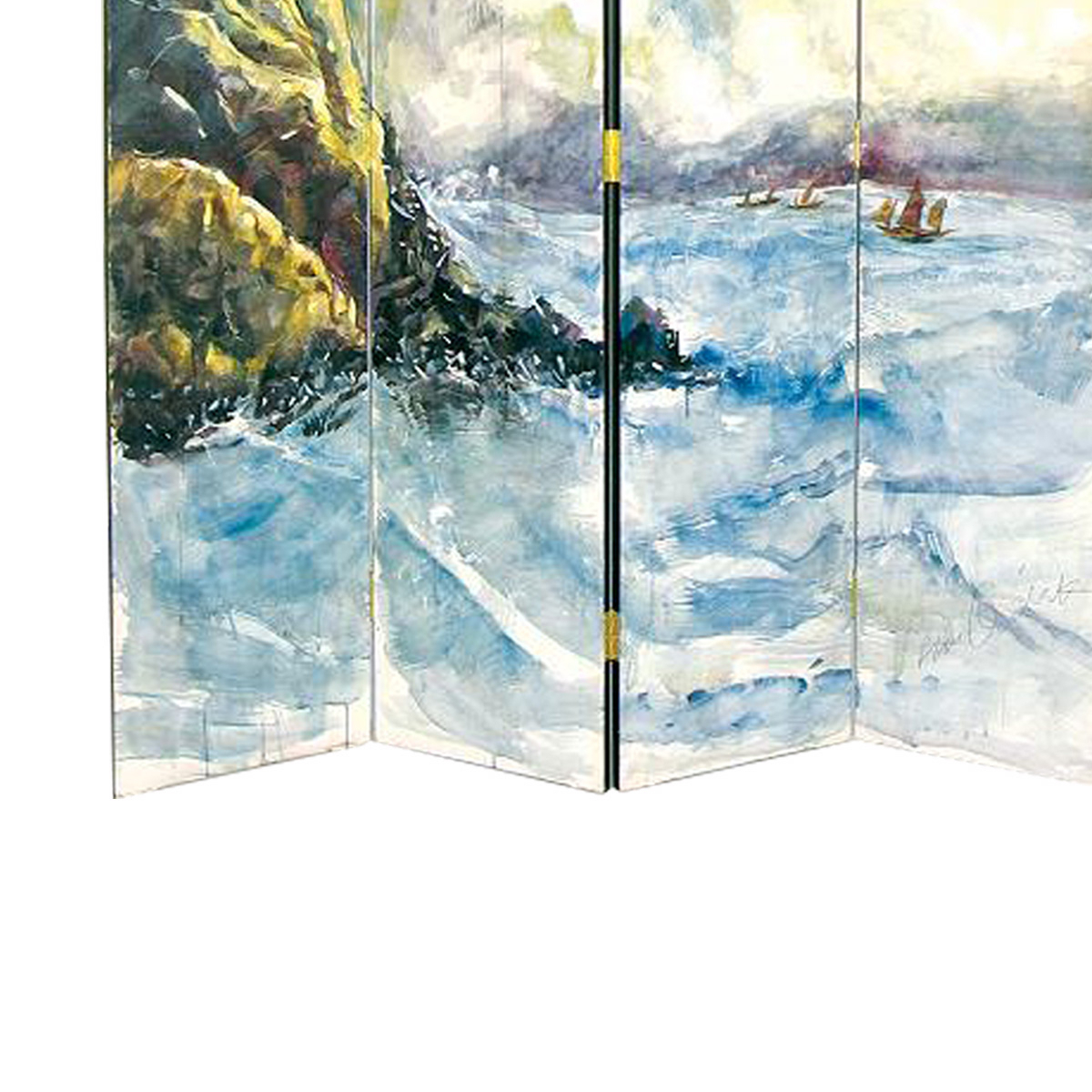 Wooden 4 Panel Room Divider With Landscape Scene, Multicolor- Saltoro Sherpi