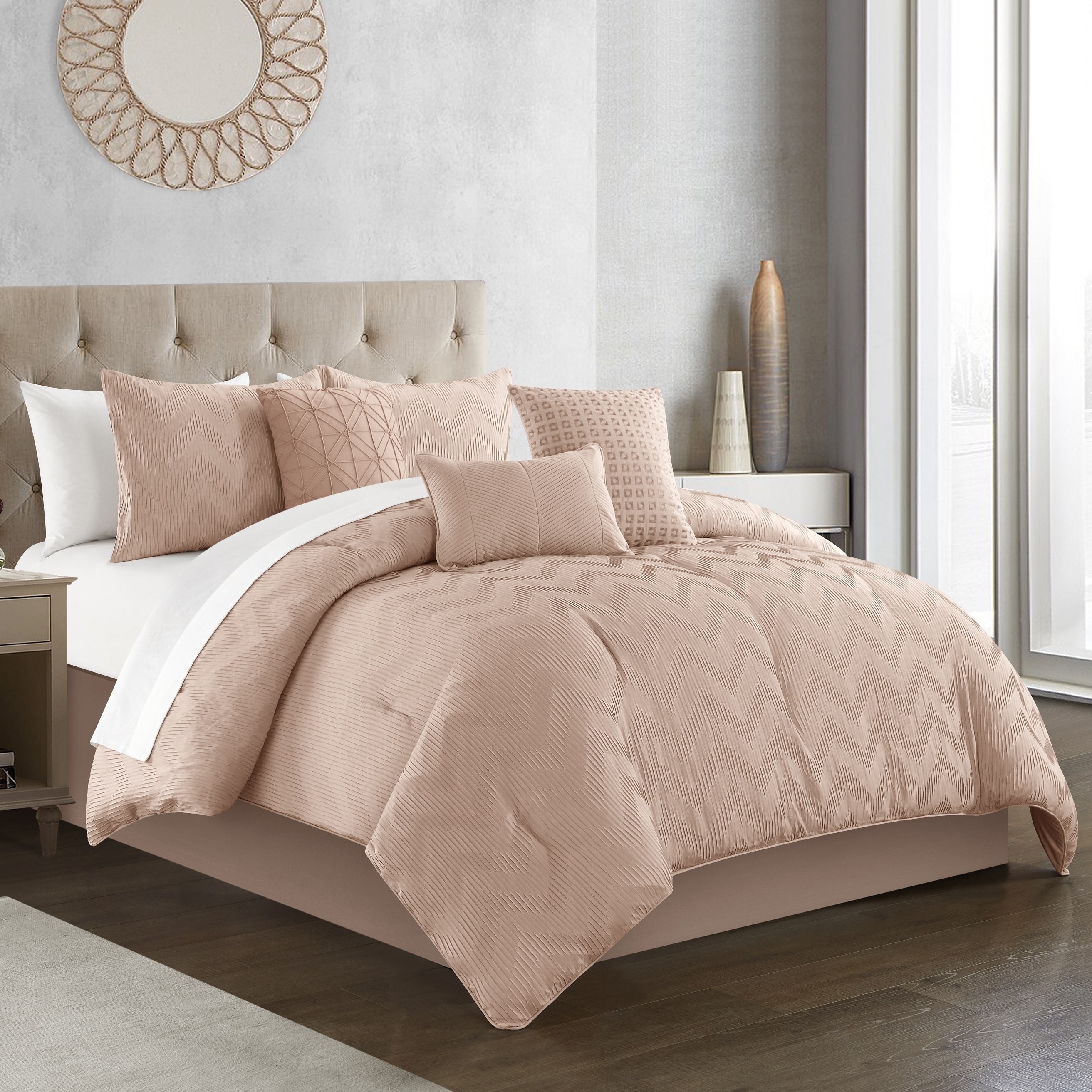 Natalia 6 Piece Comforter Set Plush Ribbed Chevron Design Bedding - Decorative Pillows Shams Included - Grey, King
