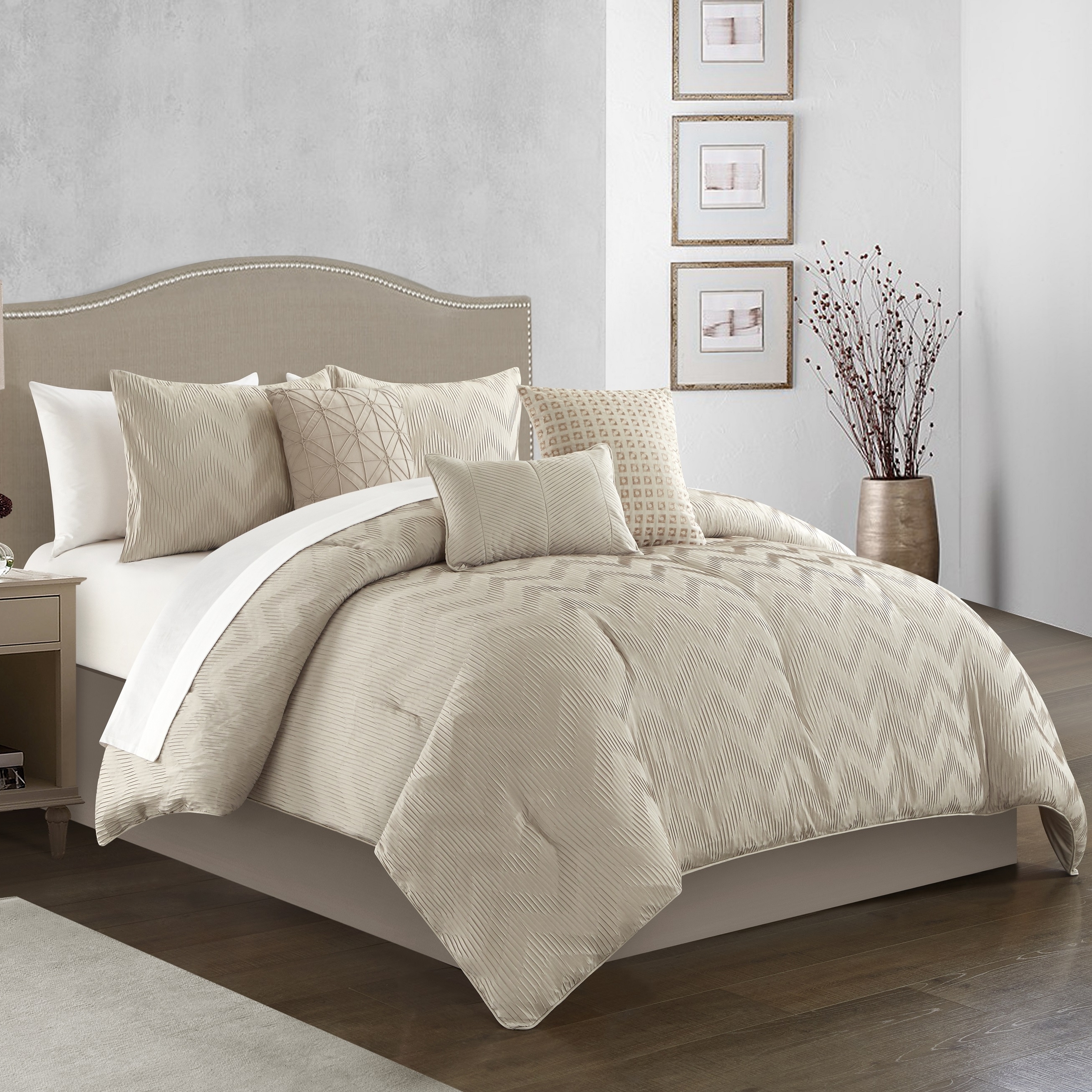 Natalia 6 Piece Comforter Set Plush Ribbed Chevron Design Bedding - Decorative Pillows Shams Included - Beige, King