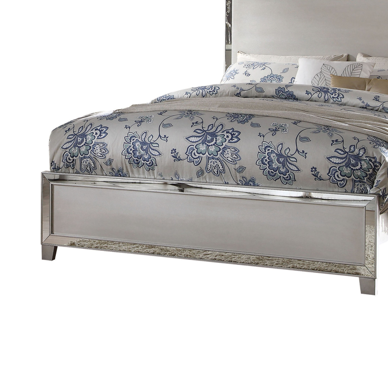 Panel Design Wooden Eastern King Bed With Mirror Trim Accents, Silver- Saltoro Sherpi