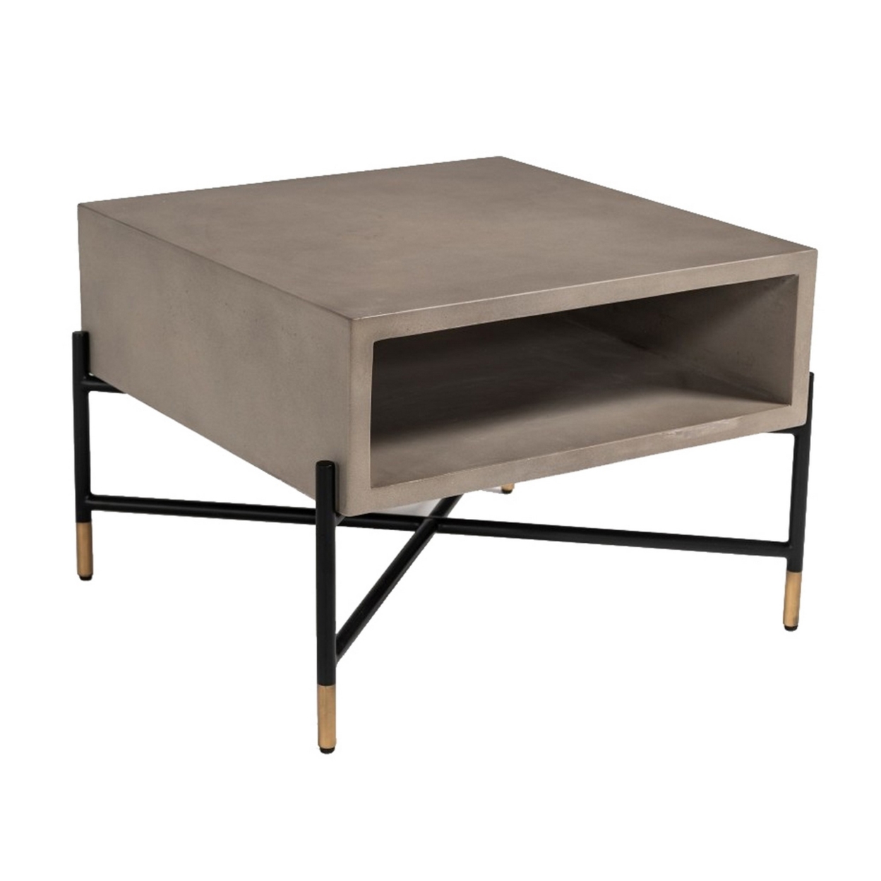 Concrete Coffee Table With Metal Frame And Open Compartment, Gray And Black- Saltoro Sherpi