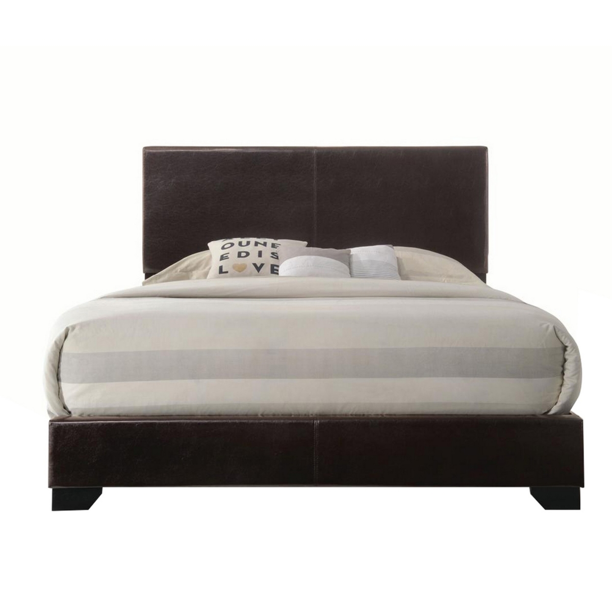 Faux Leather Eastern King Bed With Low Profile Footboard, Espresso Brown- Saltoro Sherpi