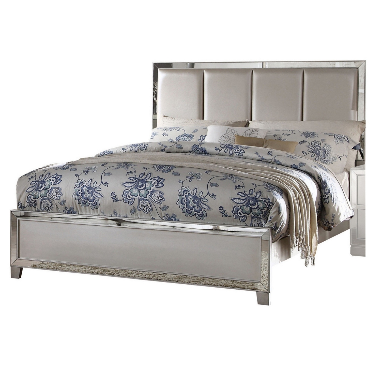 Mirror Inlay Wooden Eastern King Bed With Channel Tufted Headboard, Silver- Saltoro Sherpi