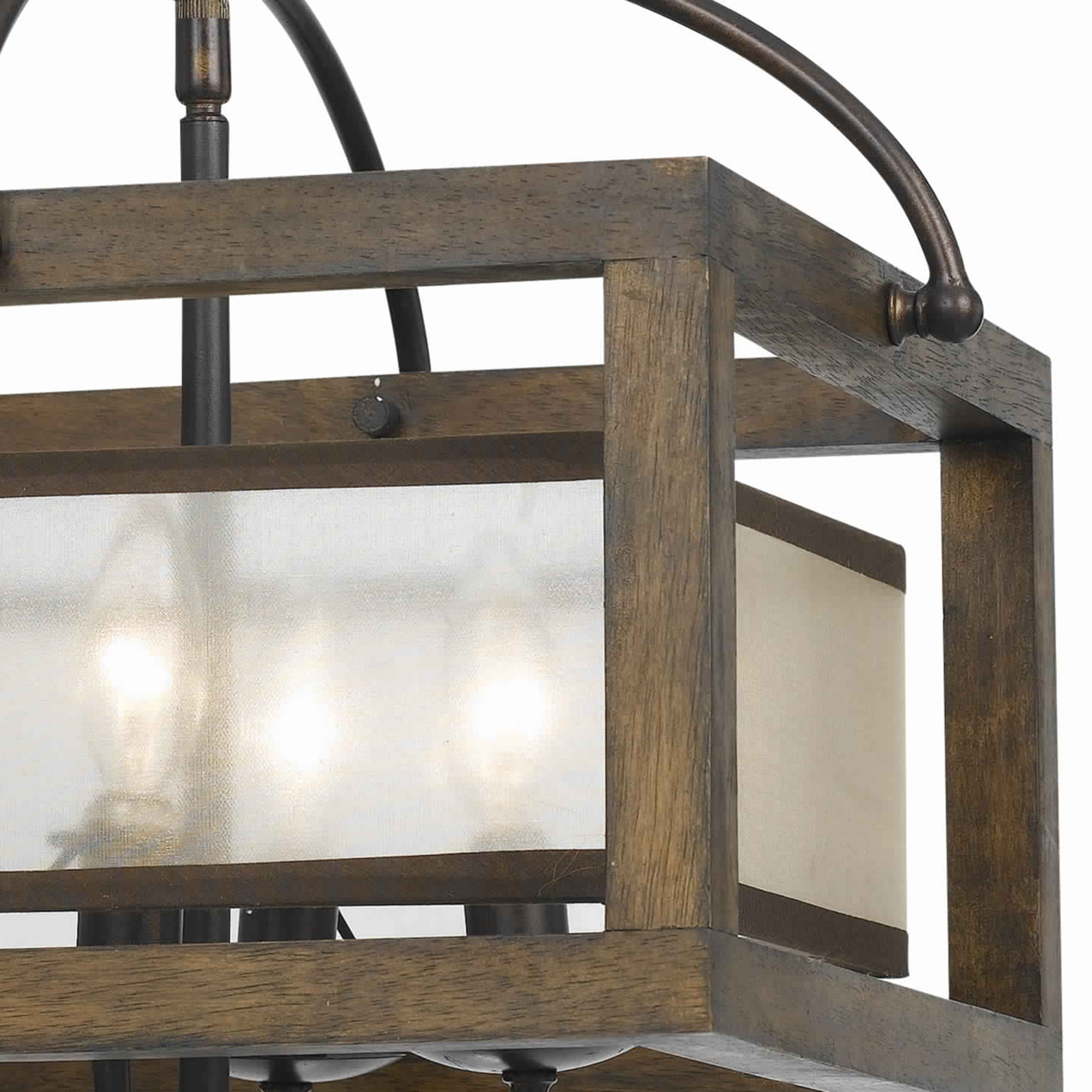 4 Bulb Semi Flush Pendant With Wooden Frame And Organza Striped Shade,Brown- Saltoro Sherpi