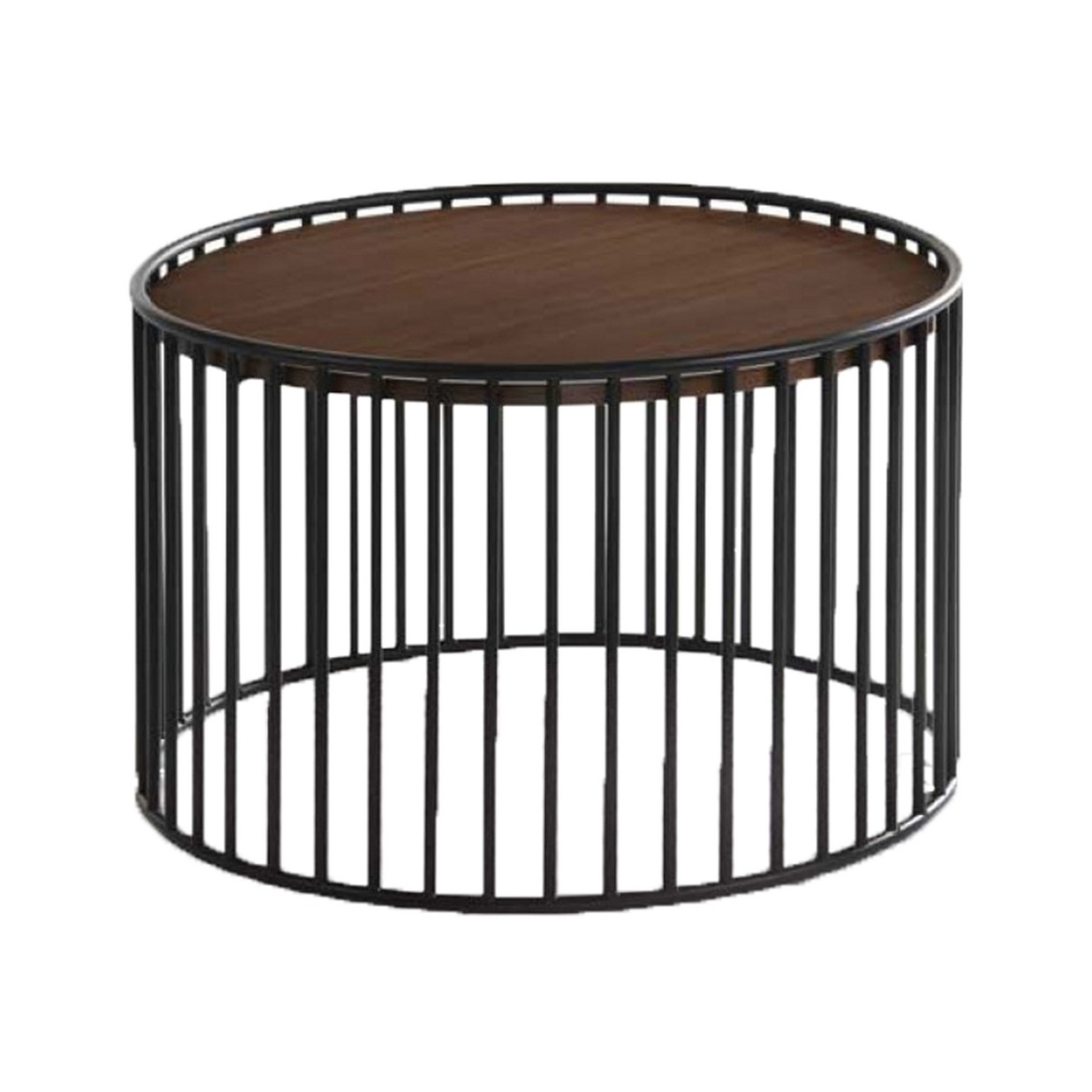 Circular Cage Shaped Metal End Table With Wood Top, Brown And Black- Saltoro Sherpi