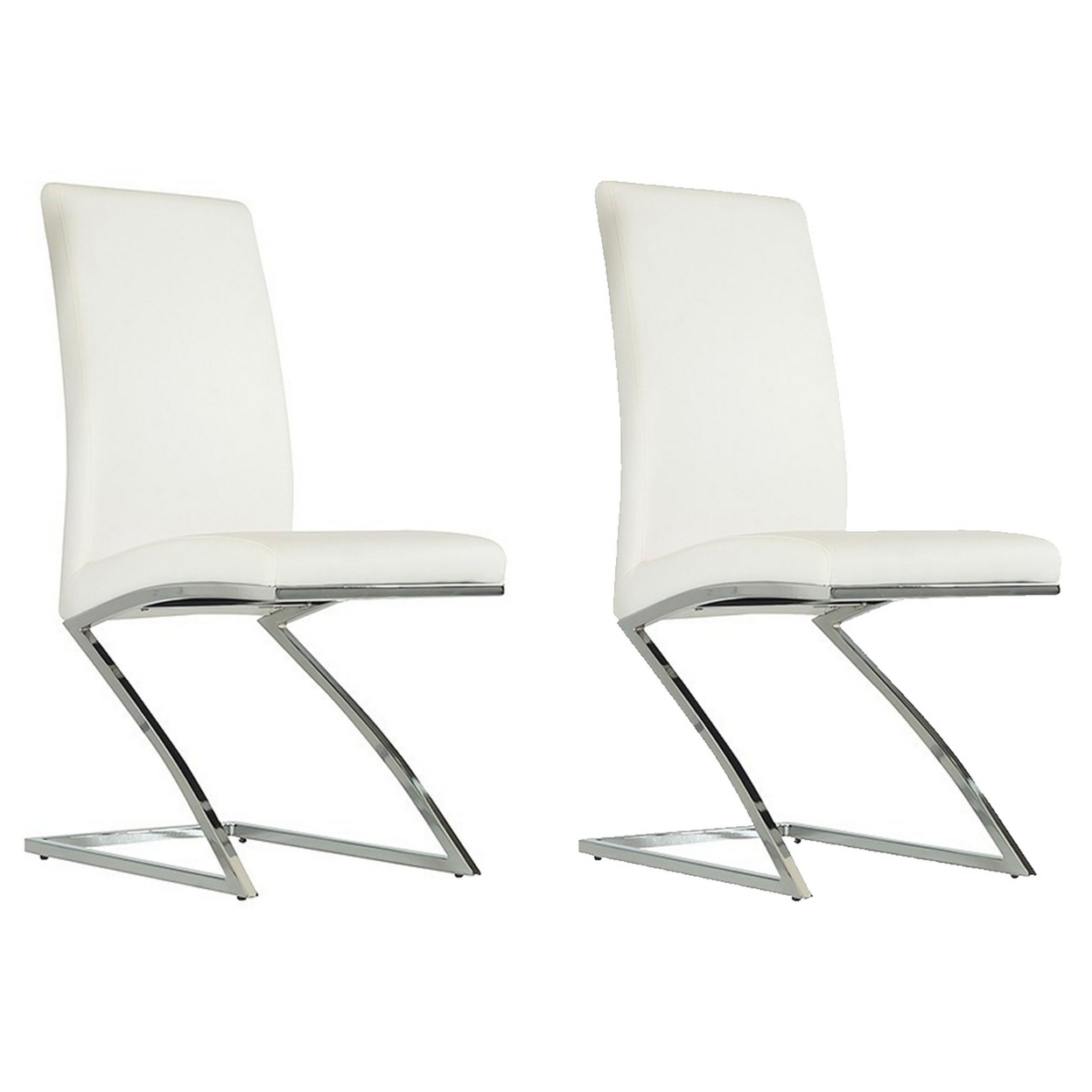 Leatherette Dining Chair With Z Shape Metal Base, Set Of 2, White And Chrome- Saltoro Sherpi