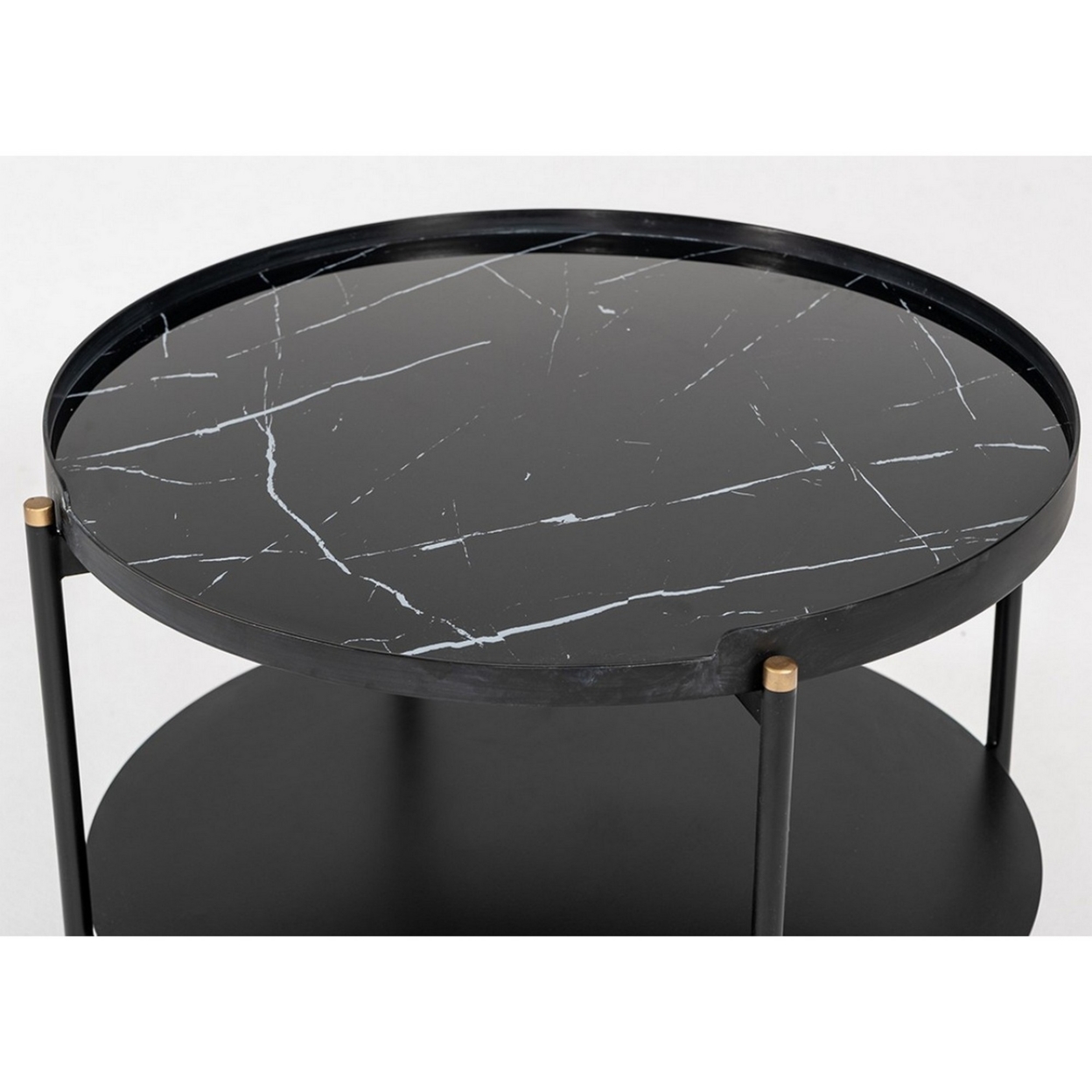Round Metal Coffee Table With Marble Painted Tray Top, Black- Saltoro Sherpi