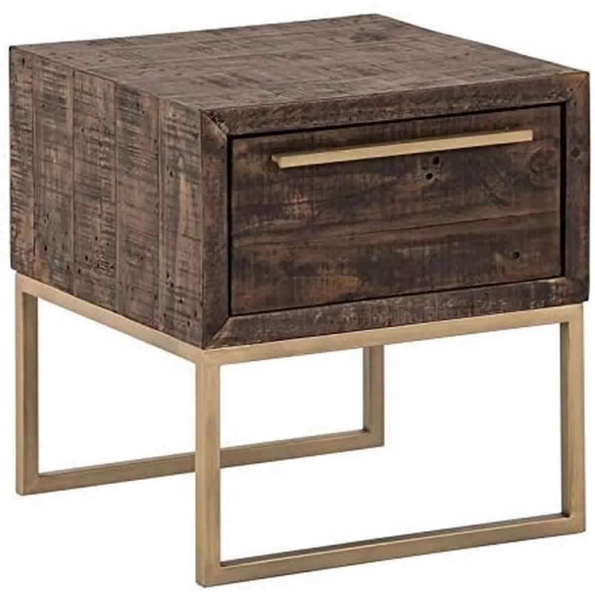 Wooden Lamp Table With 1 Storage Drawer And Metal Base, Brown And Gold- Saltoro Sherpi
