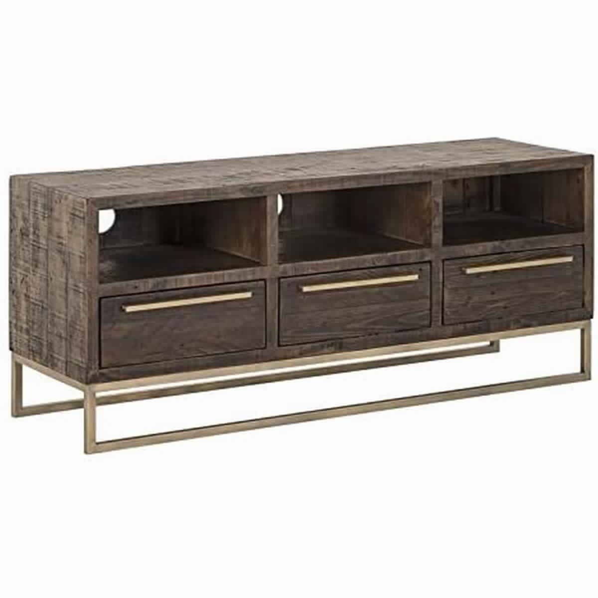 3 Drawer TV Console With Sled Base And 3 Open Compartments, Brown And Gold- Saltoro Sherpi