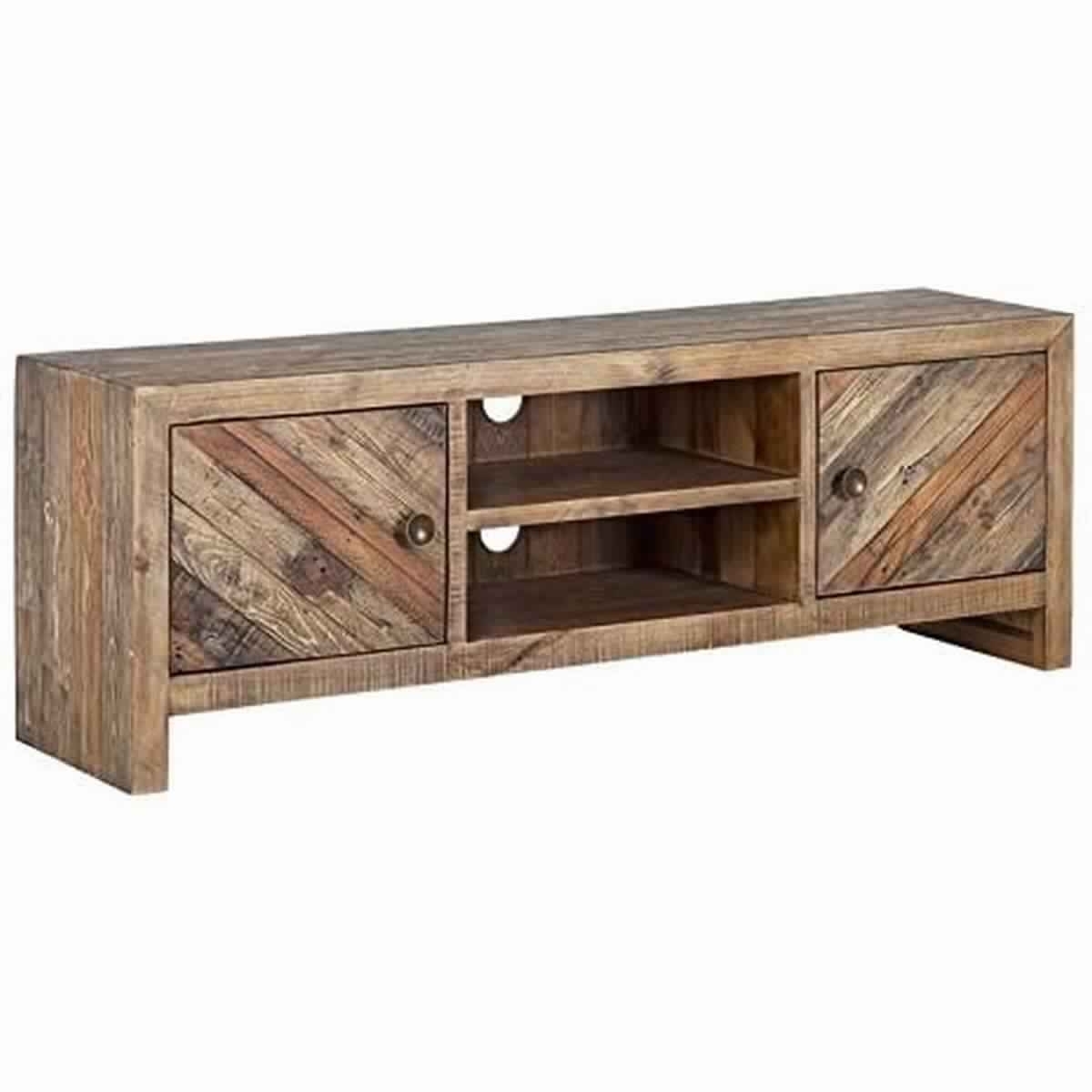 Wooden TV Console With 2 Cabinets And Open Center Shelf, Weathered Brown- Saltoro Sherpi