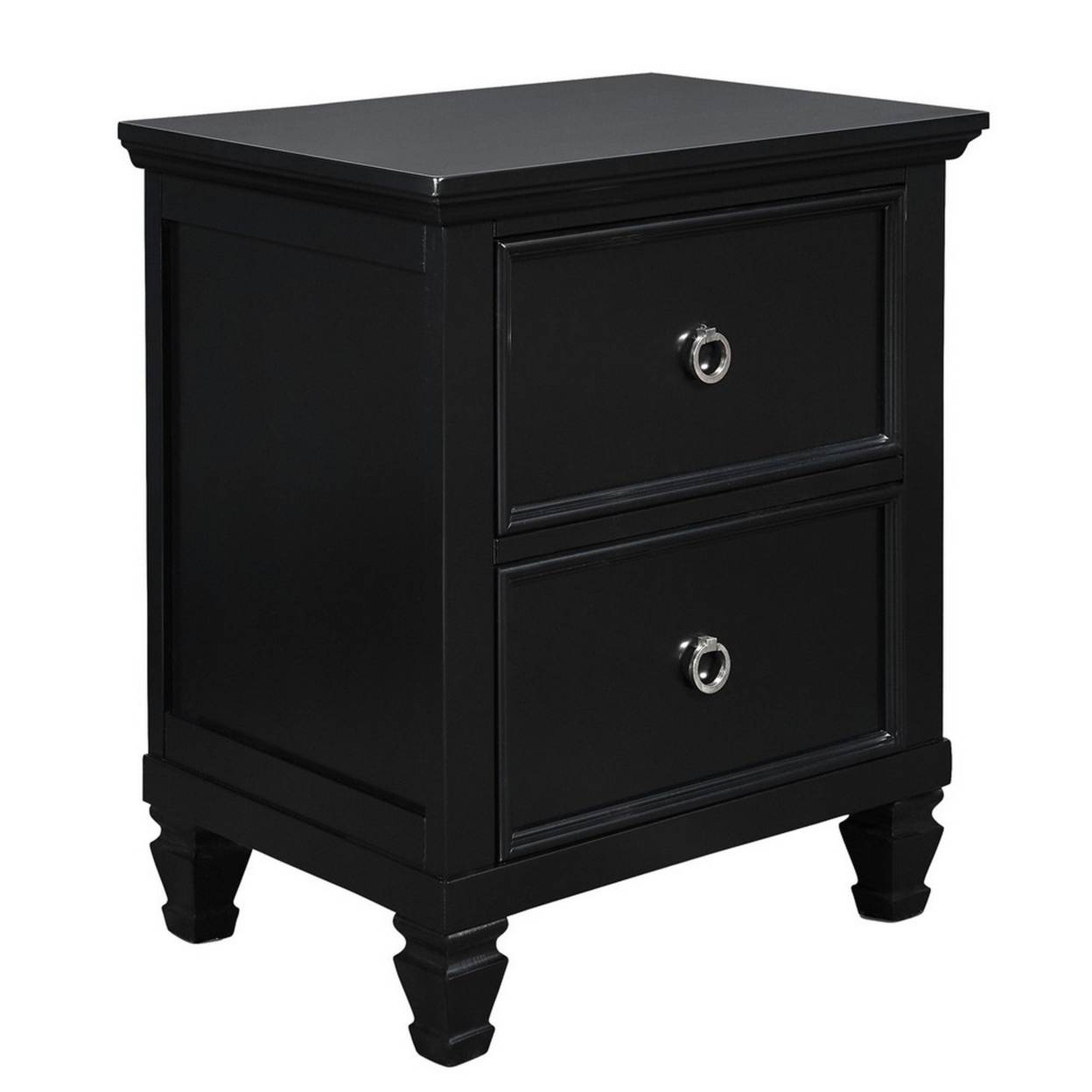 2 Drawer Wooden Nightstand With Tapered Legs And Metal Rings, Black- Saltoro Sherpi