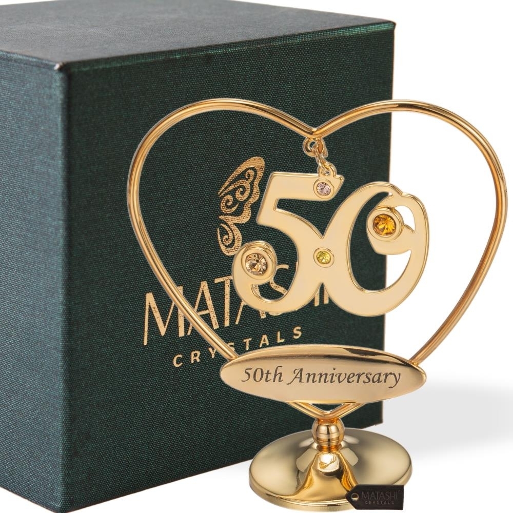 24K Gold Plated Beautiful 50th Happy Anniversary Heart Table Top Ornament Made With Genuine Matashi Crystals