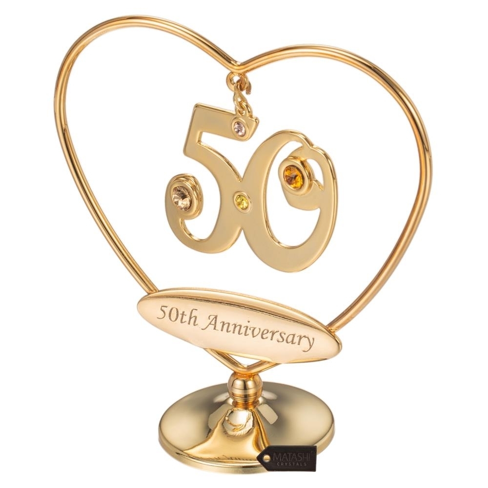 24K Gold Plated Beautiful 50th Happy Anniversary Heart Table Top Ornament Made With Genuine Matashi Crystals