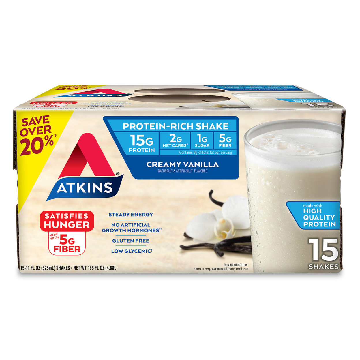 Atkins Gluten Free Protein-Rich Shake, Creamy Vanilla, 11 Fluid Ounce (15 Pack)