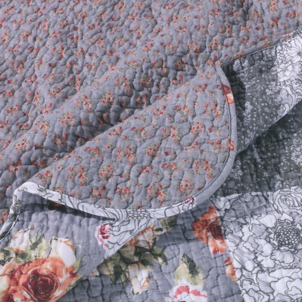 Microfiber Quilt And 1 Pillow Sham Set With Floral Prints, Multicolor- Saltoro Sherpi