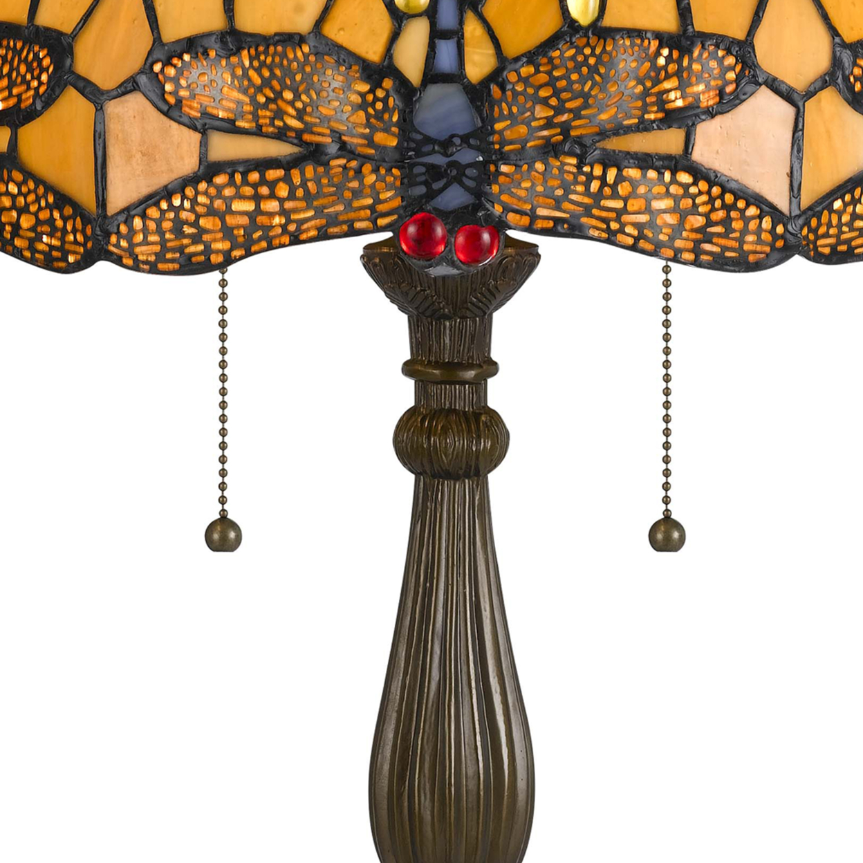 2 Bulb Tiffany Table Lamp With Dragonfly Design Shade, Multicolor- Saltoro Sherpi