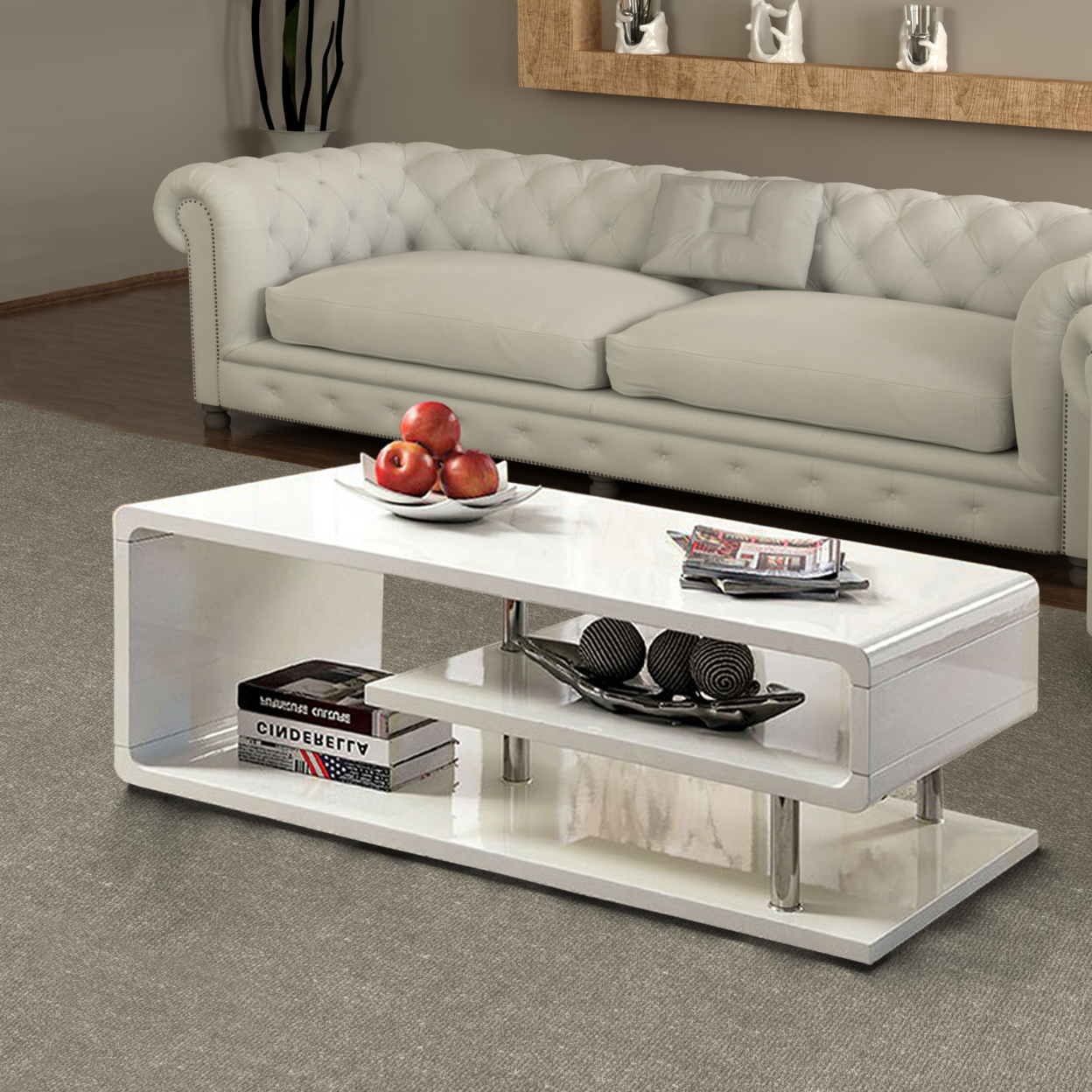 Wooden Coffee Table With Curling Shelf And Metal Poles, White- Saltoro Sherpi