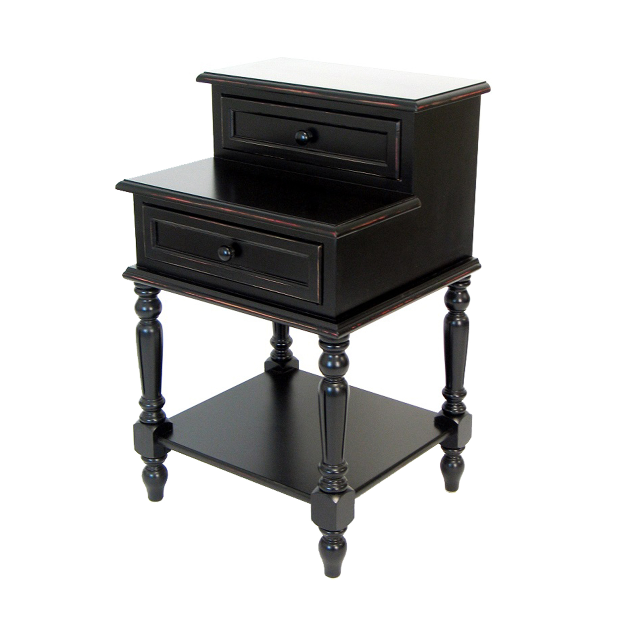 2 Step Drawers Wooden Frame End Table With Turned Legs, Black- Saltoro Sherpi