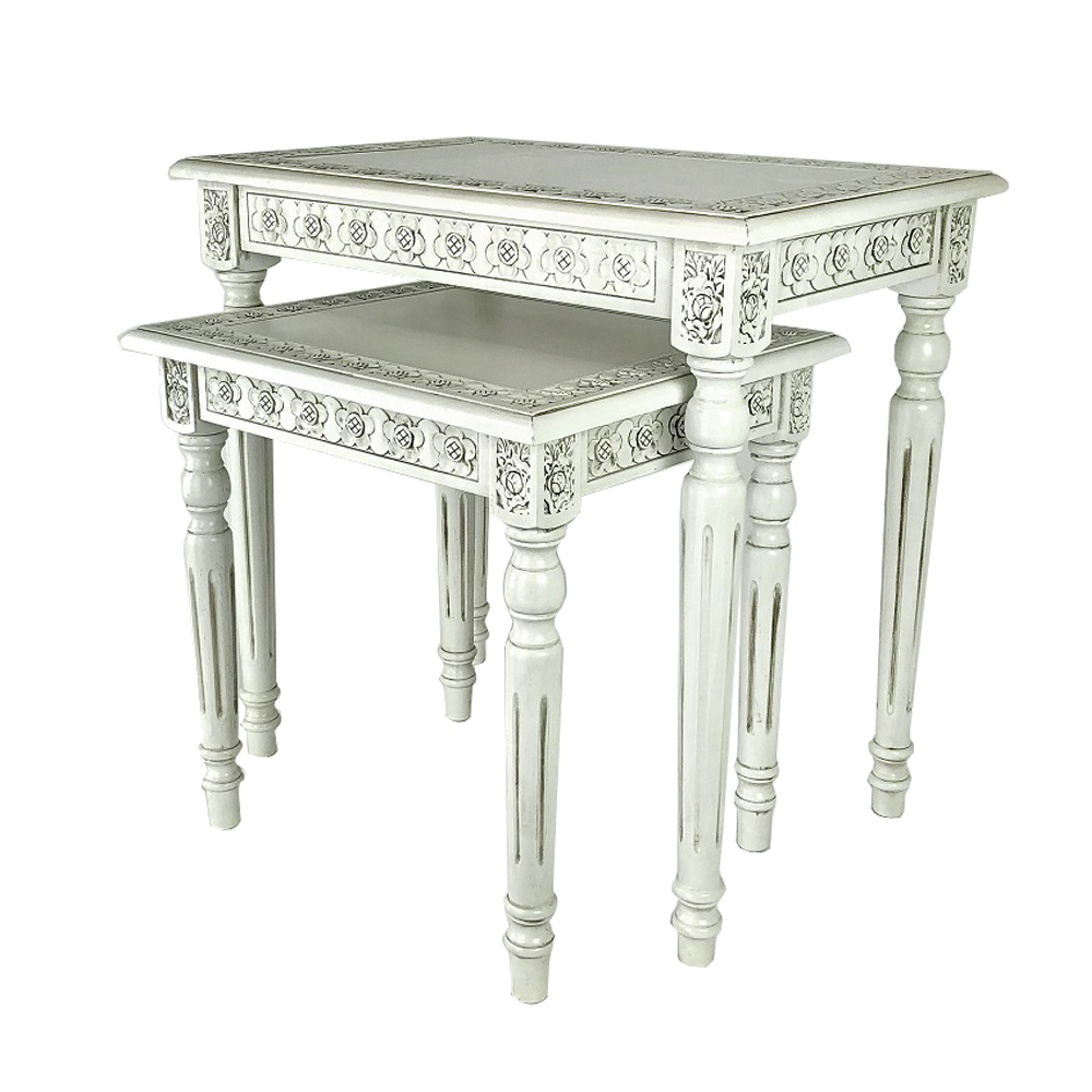 Elegantly Engraved Wooden Frame Nesting Table, Set Of 2, Antique White- Saltoro Sherpi