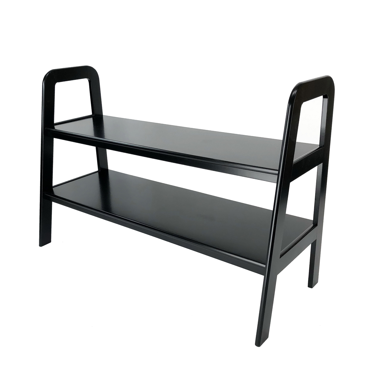 Contemporary Ladder Style TV Stand With 2 Open Cut Shelves, Black- Saltoro Sherpi