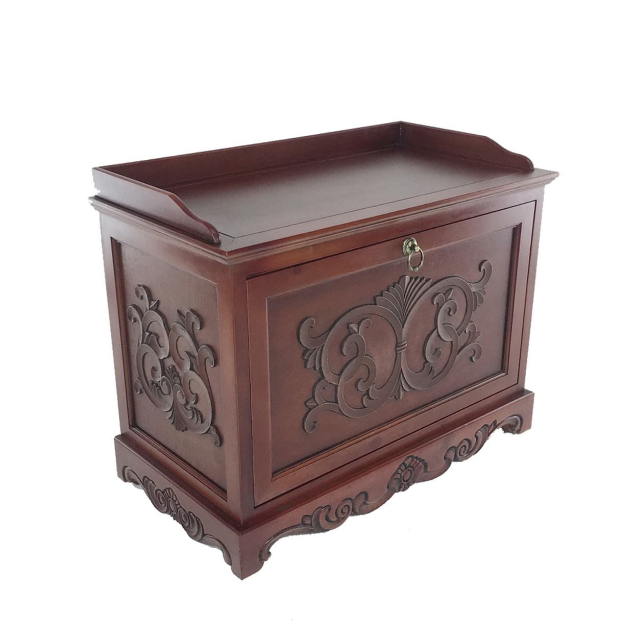 Engraved Wooden Shoe Cabinet With Drop Down Opening And Metal Hinges, Brown- Saltoro Sherpi